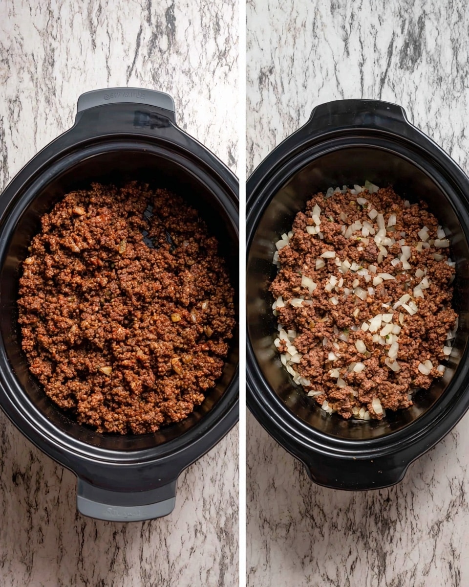 The image shows two black cooking pots placed on a surface with a white marbled texture. The left pot is a frying pan with a black interior and a gray handle, filled with cooked ground meat mixed with small bits of white onion, creating a textured and chunky layer that spreads evenly across the pan. The right pot is a black slow cooker containing a similar layer of cooked ground meat with chopped white onions, evenly spread across the bottom with a slightly more compact look. Both pots display a mix of brown meat and white onion pieces in a scattered pattern. Photo taken with an iphone --ar 4:5 --v 7