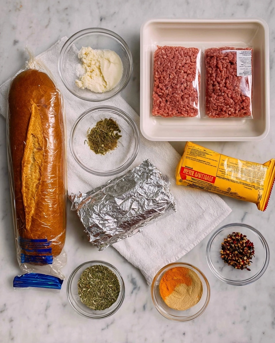 The image shows raw cooking ingredients arranged on a white marbled surface with a white cloth underneath some items. From left to right, there is a long loaf of bread in a brown and blue bag standing upright on the far left. Next to it, there is a small clear glass bowl containing a white powder and some brown specks in the center area. Above it is a white foam tray holding two packs of raw ground meat, pinkish-red with fine texture. Below the meat is a block of wrapped shiny silver foil, likely cheese. To the right of the small bowl and in the middle, there is a yellow and red pack of sausage cheese roll. To the right of the sausage is another clear glass bowl containing a light orange powder. Below this bowl is a smaller glass bowl with green dried herbs. Near the bottom center is a small glass bowl with dark red chili flakes. All these items are neatly spaced out on the white marbled surface and cloth, creating a tidy cooking preparation scene. photo taken with an iphone --ar 4:5 --v 7