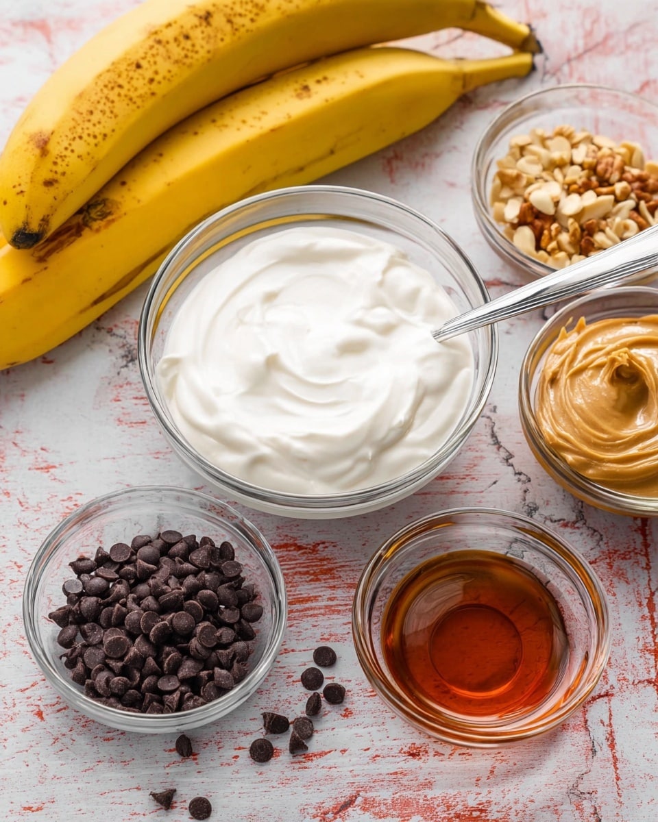 A clear glass bowl filled with smooth white yogurt sits in the center with a silver spoon inside it. Below and to the left is a smaller clear glass bowl filled with dark brown chocolate chips, a few spilled on the white marbled surface. Below and to the right is another clear glass bowl containing shiny amber-colored maple syrup. Behind the yogurt bowl, to the left, there are three yellow ripe bananas with brown spots stacked together. To the right behind the yogurt is a small clear glass bowl with light brown peanut butter topped with mixed nuts. The background is a white marbled texture. Photo taken with an iphone --ar 4:5 --v 7