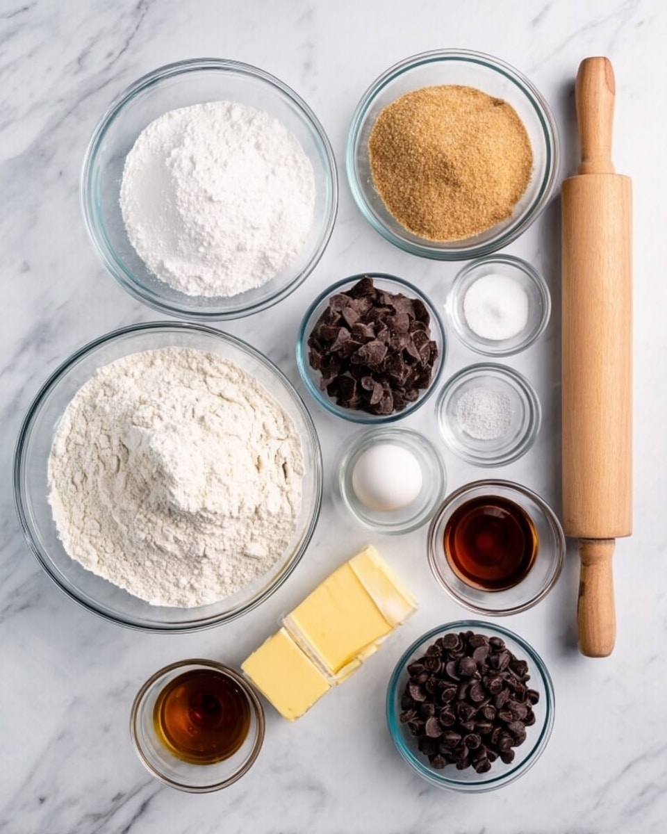 The image shows a top view of nine clear glass bowls arranged on a white marbled surface. One large bowl at the bottom center holds white flour with a small indentation in the middle. To its left is a smaller bowl filled with white sugar. Above the flour bowl is a small bowl filled with light brown sugar. To the right of the brown sugar is a bowl with a cracked raw egg. To the right of the egg is a bowl holding dark chocolate chips. Below the chocolate chips are three tiny clear bowls containing salt, baking soda, and vanilla extract from left to right. A yellow stick of butter in its wrapper lies between the flour and brown sugar bowls. To the far right is a wooden rolling pin placed horizontally. Photo taken with an iphone --ar 4:5 --v 7