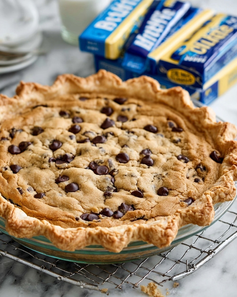 A baked chocolate chip cookie pie with three visible layers, starting with a light beige, flaky pastry crust that is thick and wavy along the edges; above that is a golden-brown cookie dough layer, textured with cracks and slightly uneven surfaces; the top layer features scattered dark brown chocolate chips embedded unevenly, some slightly melted. The pie sits in a clear glass pie dish on a silver wire rack, with two packs of blue and yellow wrapped butter blocks in the blurred background, all placed on a white marbled surface. Photo taken with an iphone --ar 4:5 --v 7