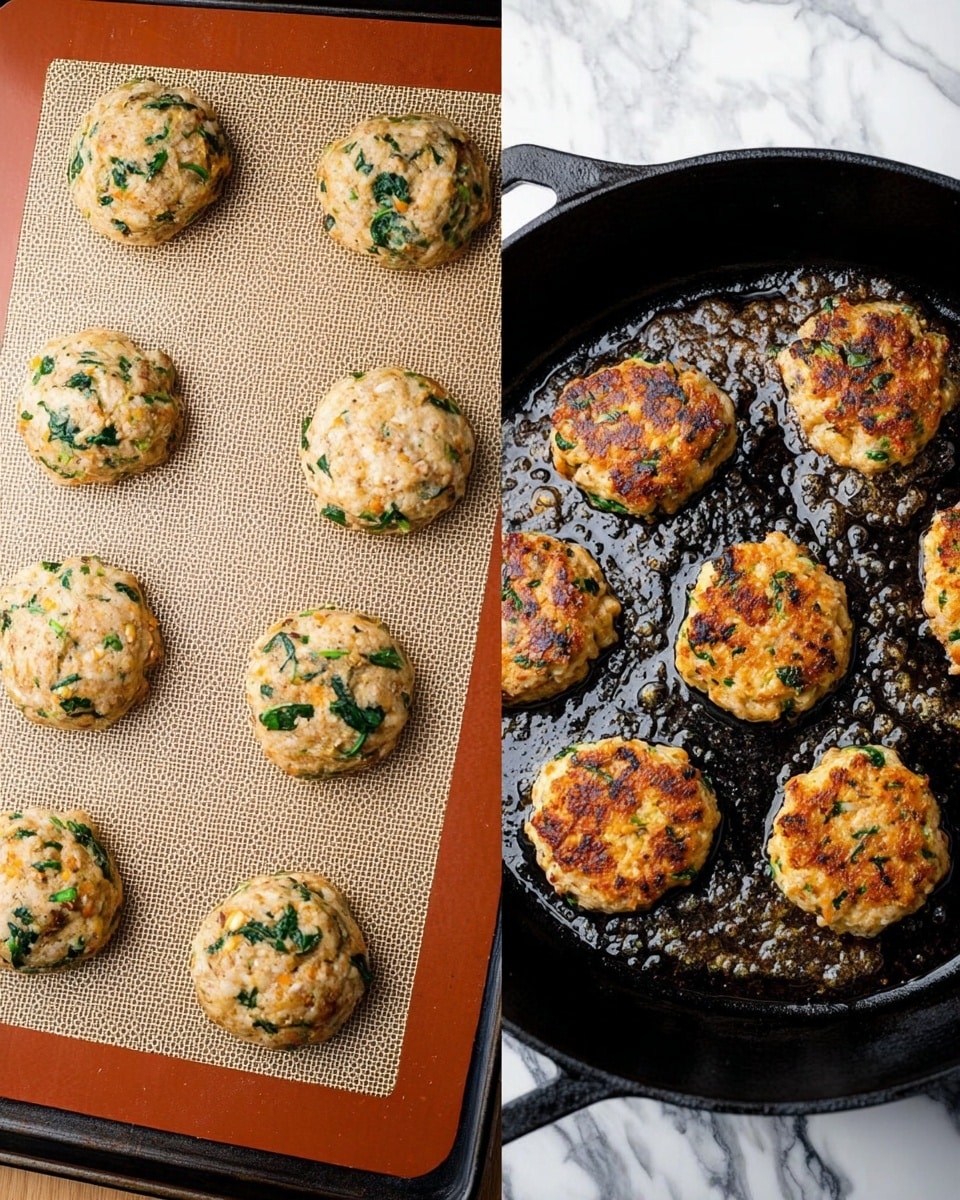 The image shows two parts: on the left, there are twelve uncooked patties placed on a brown silicone baking mat on a baking tray, each patty is a light tan color with green spinach pieces mixed in and rough, slightly uneven surfaces. On the right, six patties are cooking in a black cast iron pan with a shiny oily surface; these patties are golden brown, with some parts darker and crisp, showing small green and darker bits, and they have a slightly uneven round shape. The background is a white marbled surface. photo taken with an iphone --ar 4:5 --v 7