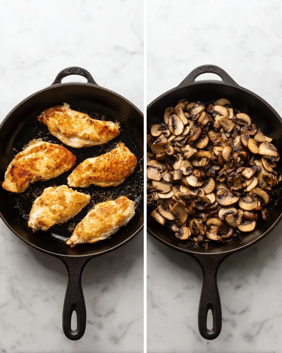 The image shows two views side by side on a white marbled surface. On the left, there is a black cast iron skillet with four pieces of golden brown cooked chicken arranged in a slightly uneven diamond shape, with a crispy texture on top. On the right, the same black skillet contains a single layer of sliced mushrooms, browned and slightly soft, covering the bottom evenly with some darker and lighter brown tones. photo taken with an iphone --ar 4:5 --v 7