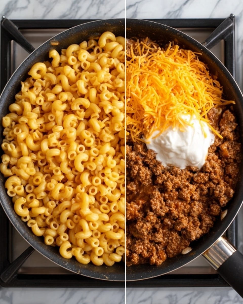 The image shows a black pan sitting on a gas stove with a white marbled surface beneath. Inside the pan, there is a layer of small round yellow pasta filling most of the pan. On the right side of the pasta, there is a layer of browned ground meat that covers about one-third of the pan. In the middle top portion of the pasta, there is a small pile of shredded bright orange cheese. On top of the pasta and under the cheese is a dollop of white sour cream placed near the center. The scene looks warm and ready to be mixed. photo taken with an iphone --ar 4:5 --v 7
