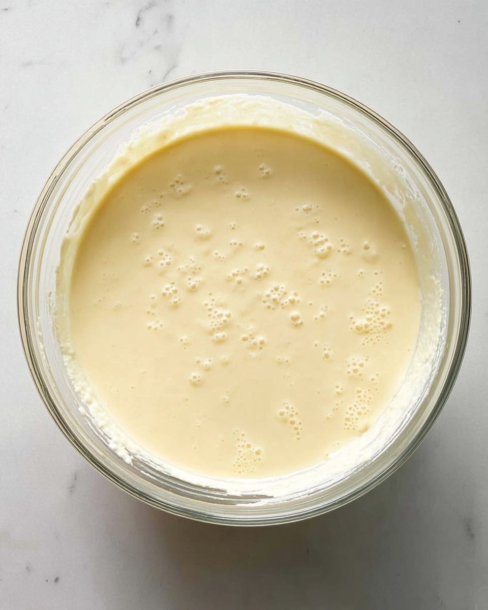 A clear glass bowl is filled with pale yellow batter that is smooth with some small bubbles on the surface, showing a thick but flowing texture. The bowl sits on a white marbled surface. The batter fills almost the entire bowl, and some batter drips slightly on the outside edge of the bowl. photo taken with an iphone --ar 4:5 --v 7