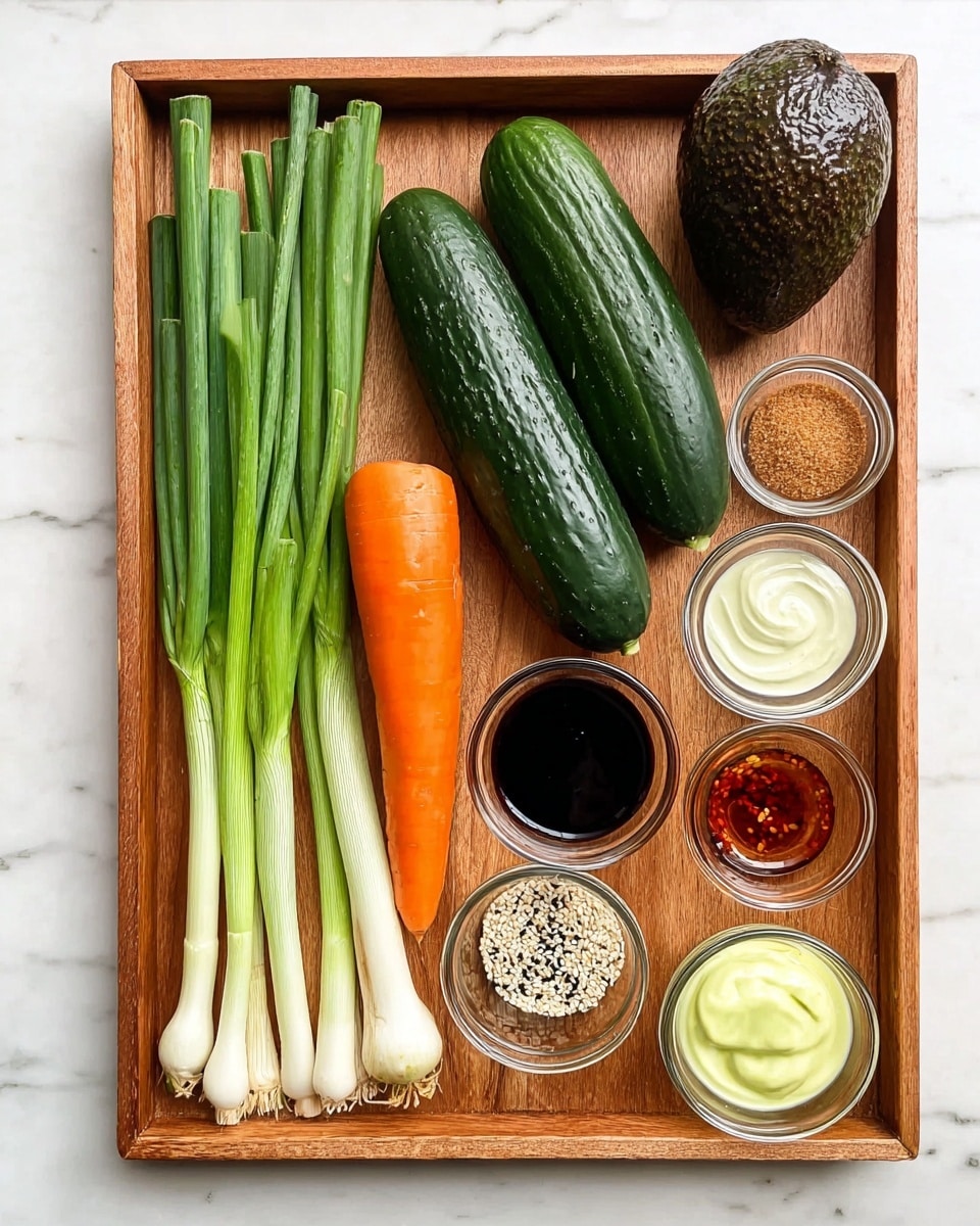 The image shows a wooden tray with fresh ingredients neatly arranged on a white marbled surface. From left to right, there are five green spring onions with long white bases and green tops, two large dark green cucumbers in the center, an orange carrot placed next to the cucumbers, and a whole brown avocado near the top right corner. Small clear glass bowls holding various ingredients are spread around the vegetables: brown sugar with a grainy texture, black and white sesame seeds, dark soy sauce, light golden oil, a reddish chili mixture, clear vinegar, white creamy sauce, and a light yellow spread that looks smooth and thick. The items are orderly placed, highlighting the fresh and colorful textures photo taken with an iphone --ar 4:5 --v 7