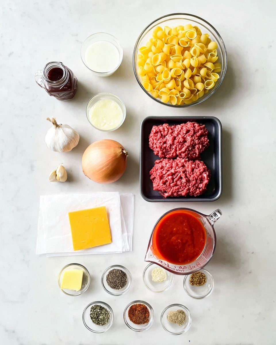 The image shows ingredients arranged neatly on a white marbled surface. At the center right is a black tray with raw red ground meat, above it to the right are two yellow cheese slices on white wrapping paper with a toothpick, and to the left of the meat is a yellow onion. Above the onion is a clear glass bowl filled with uncooked yellow pasta shells. Near the top right is a clear measuring cup filled with bright red tomato sauce, and nearby to the left is a small clear container of white liquid. In the top left corner, there is a dark jar with a lid. Lower left are two cloves of garlic, a small clear bowl with a slab of yellow butter, and several tiny clear dishes spread out with various spices in different earth tones like black, brown, reddish, and green. photo taken with an iphone --ar 4:5 --v 7