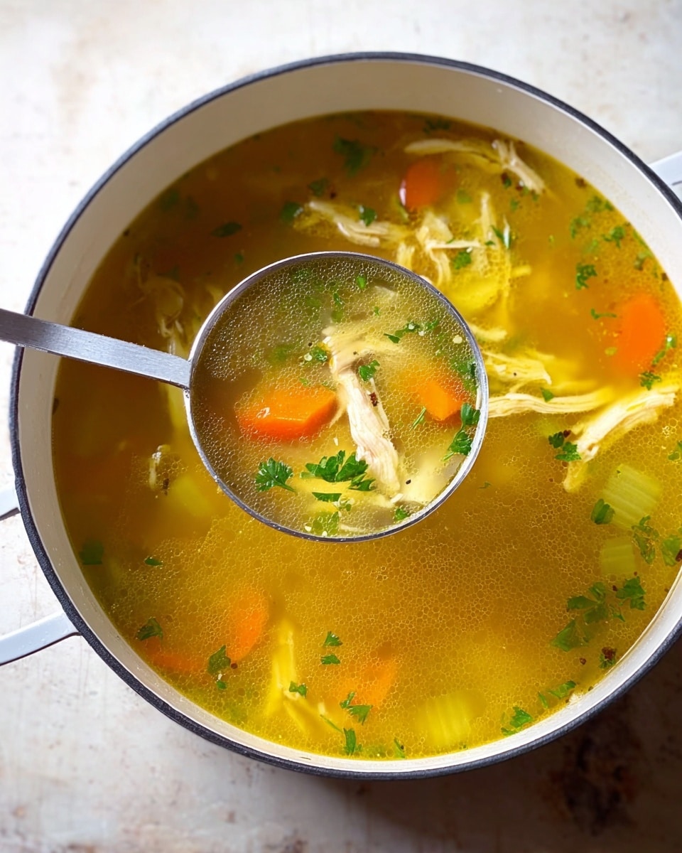 A close-up view of a white pot filled with golden yellow chicken soup, showing visible oil droplets on the surface. Inside the soup are thin shredded light beige chicken pieces, small bright orange carrot slices, pale green celery chunks, and fresh green parsley flakes floating on top. A silver ladle is held above the pot by a woman's hand, scooping a portion of the soup with all these ingredients clearly visible inside the ladle. The pot is placed on a white marbled textured surface. photo taken with an iphone --ar 4:5 --v 7