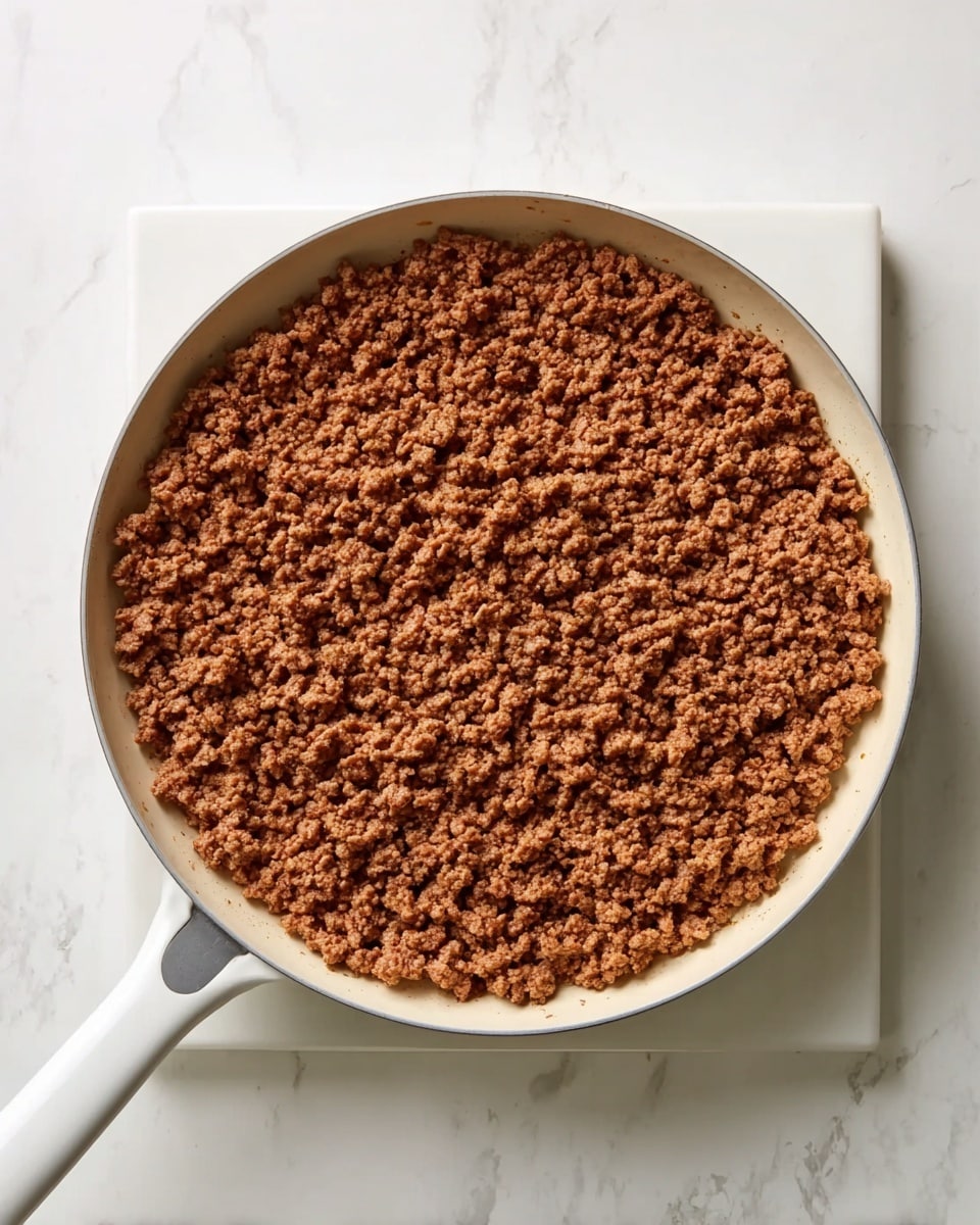 A white pan filled with a single layer of brown cooked ground meat evenly spread, showing small crumbly texture and slight oil sheen around the edges. The pan is placed on a white marbled surface, with no other items in view. photo taken with an iphone --ar 4:5 --v 7