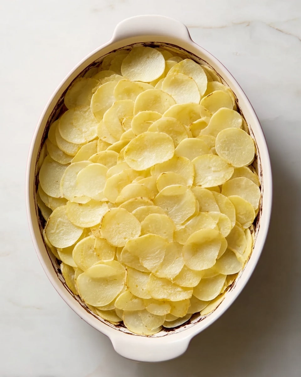 An oval white ceramic dish holds many thin layers of round potato slices arranged evenly across the entire surface. The potato slices have a pale yellow to light golden color with slightly translucent edges, showing soft textures. The layers overlap each other smoothly in a circular pattern that fills the dish from edge to center, creating a gentle depth. The dish is placed on a white marbled surface. Photo taken with an iphone --ar 4:5 --v 7