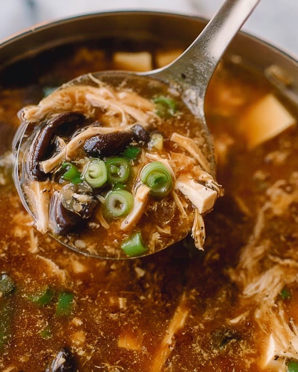 The image shows a close-up of a rich soup in a ladle, featuring several layers of ingredients. The top layer is a glossy brown broth with visible pieces of dark brown mushrooms and green slices of chili or onion scattered on top. Below this, chunks of light beige tofu and shredded pieces of pale chicken are visible, mixed into the thick soup. The ladle is slightly tilted over the soup pot, which has the same contents visible in the background with a textured surface of the soup where more shredded chicken and tofu pieces float. The scene is set against a white marbled surface that softly reflects light, enhancing the warm colors of the soup. photo taken with an iphone --ar 4:5 --v 7