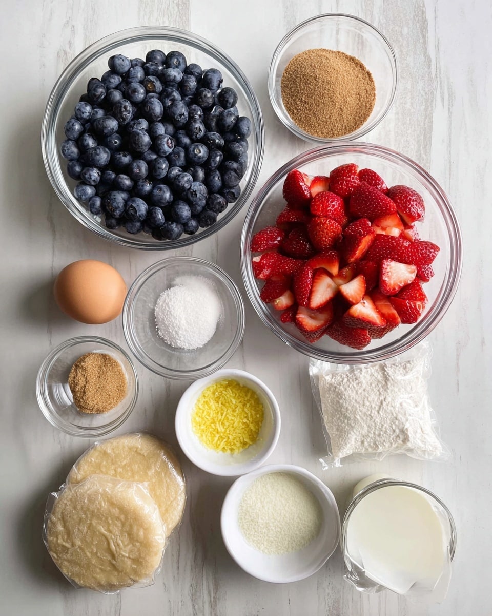 The image shows a top view of several clear glass bowls and small white dishes arranged on a white marbled surface. There are two large bowls filled with fresh berries; one bowl is full of dark blue blueberries, and the other is filled with red strawberries cut into pieces. Around these are smaller bowls containing light brown sugar, white powdered sugar, white granulated sugar, finely chopped yellow lemon zest, a small amount of light brown liquid, and a clear liquid likely to be egg whites. Nearby, there is a single whole egg, a small clear bowl with a white liquid that looks like milk, and two pieces of flat, round dough wrapped in clear plastic. The dishes and bowls stand out clearly against the white marbled surface. Photo taken with an iphone --ar 4:5 --v 7