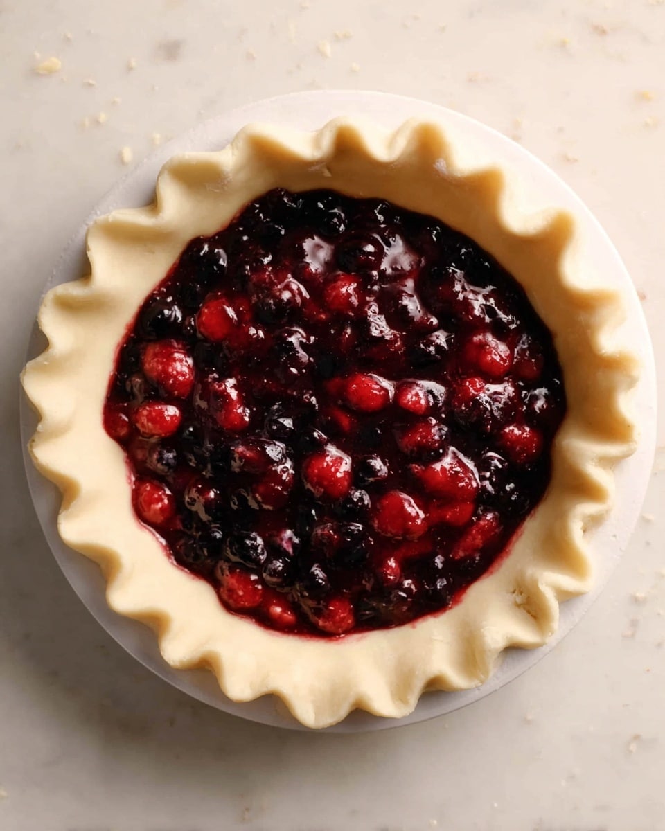 A top-down view of an unbaked pie with a thick, pale dough crust forming a fluted edge all around. Inside, there is a glossy, deep red fruit filling showing whole and slightly crushed berries, with a mix of dark red and blackish colors. The pie sits on a white plate placed on a white marbled surface. photo taken with an iphone --ar 4:5 --v 7