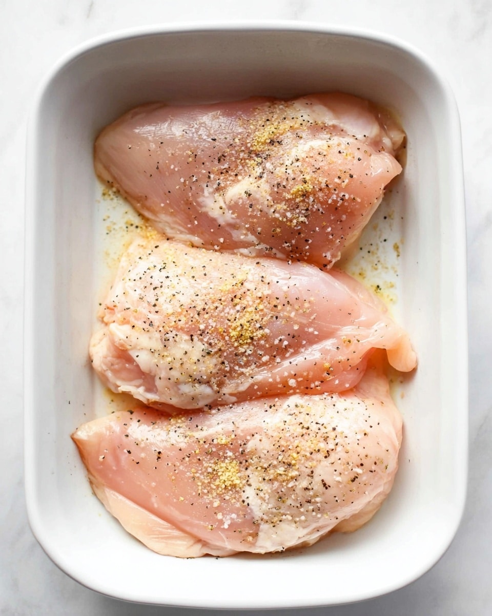 The image shows three raw chicken pieces placed side by side in a white baking dish. Each chicken piece has a pale pink color with a light shine from moisture and is sprinkled evenly with coarse salt, black pepper, and a light dusting of a yellow spice, possibly garlic powder. The baking dish is set on a white marbled surface, and the overall lighting is bright and natural, highlighting the textures of the chicken and spices. photo taken with an iphone --ar 4:5 --v 7