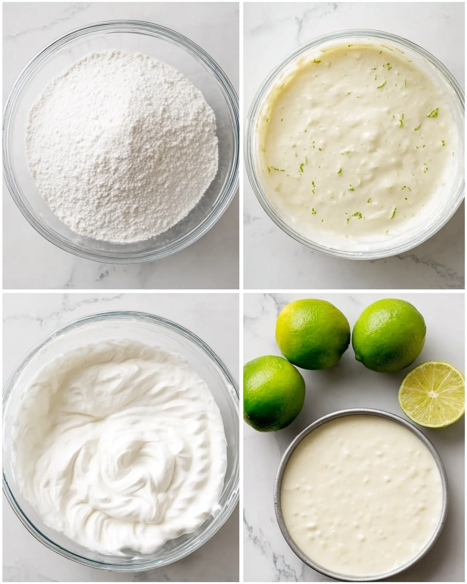 The image is divided into four parts showing steps of making a lime cake batter. In the top left, a clear bowl contains dry ingredients including white sugar, white flour, baking powder, and baking soda, all side by side without mixing. The top right shows a creamy, slightly textured batter with tiny green lime zest specks in a clear bowl on a white marbled surface. Bottom left has whipped egg whites in a clear bowl, shown as smooth, bright white peaks with two whole limes placed nearby. Bottom right displays two round cake pans filled with light, bubbly lime batter, next to one lime cut in half and two whole limes on a white marbled surface photo taken with an iphone --ar 4:5 --v 7
