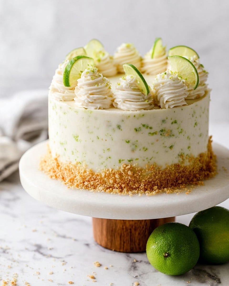 This image shows a small round cake with light cream frosting that has tiny green specks mixed in, covering the whole cake. Around the bottom edge of the cake, there is a layer of crushed golden crumbs pressed into the frosting. On top, there are decorative swirls of white cream evenly spaced with small slices of light green lime placed in each swirl. The cake sits on a white marble cake stand with a wooden base, placed on a white marbled surface. Two whole bright green limes are placed near the right side of the cake stand. Photo taken with an iphone --ar 4:5 --v 7