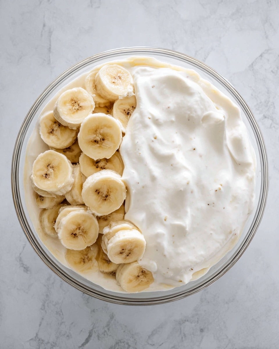 A clear round bowl placed on a white marbled surface holds two layers. The bottom layer is made of sliced frozen bananas, light yellow with brown edges showing the frozen texture. The top layer is a thick white creamy mixture spread smoothly over the bananas, with a few tiny specks visible, covering all the fruit underneath. Photo taken with an iphone --ar 4:5 --v 7