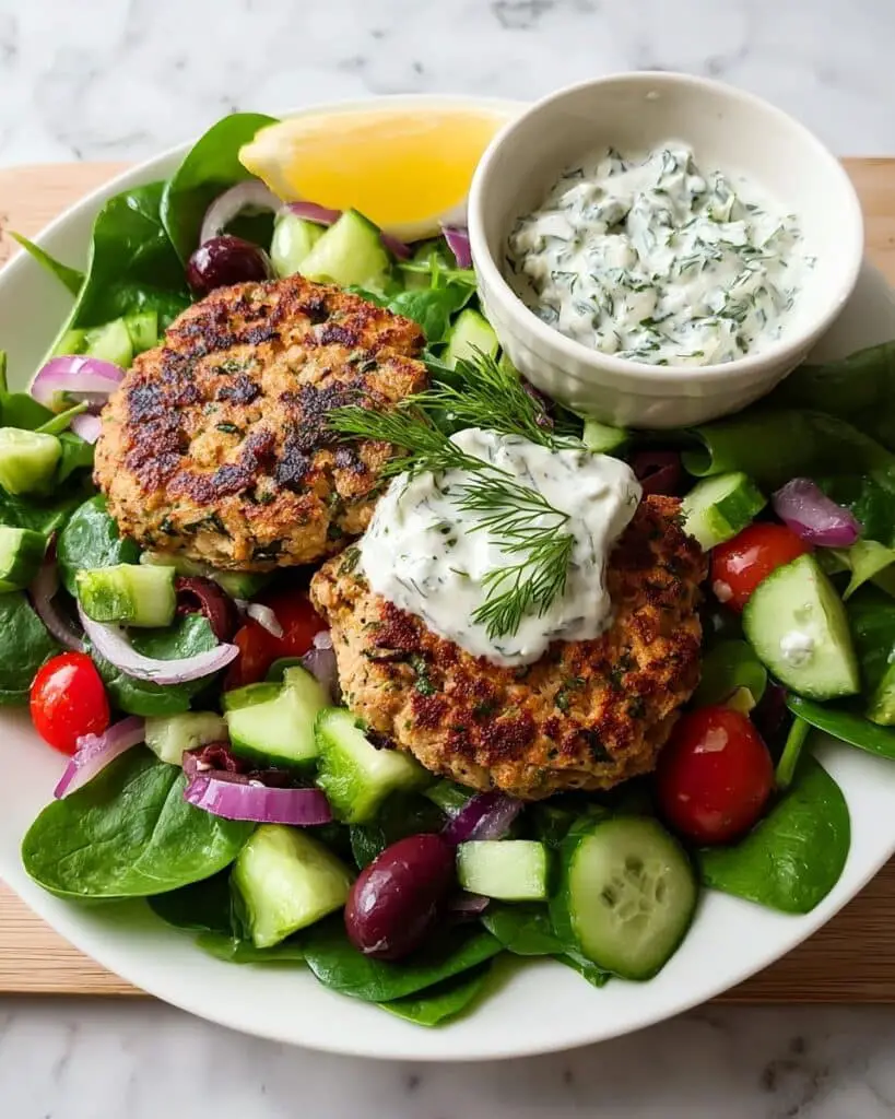 Mediterranean Chicken Patties with Tzatziki and Fresh Salad Recipe