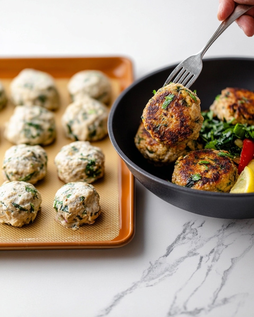 The image shows two parts: on the left, there is a baking sheet with a brown silicone mat holding 12 round, raw patties that have a mixture of light beige and green colors, showing bits of spinach or herbs inside the dough. On the right side, there is a black frying pan containing seven golden-brown cooked patties with crispy edges and visible texture from small pieces of green herbs and light-colored bits. The pan is on a white marbled surface. Photo taken with an iphone --ar 4:5 --v 7