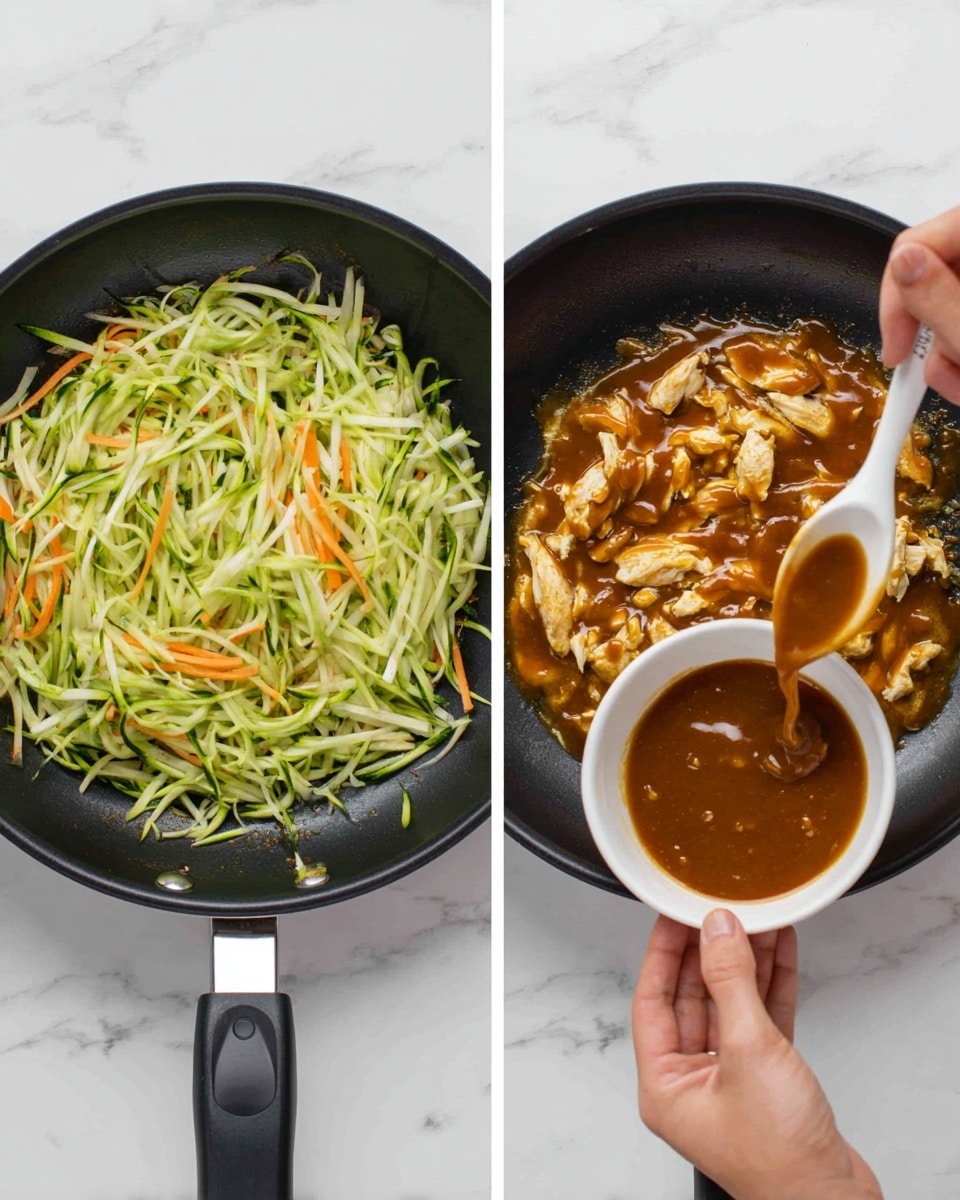 The first image shows a black frying pan with a layer of thin, light green sliced vegetables, mostly zucchini, covering the bottom. On top of the vegetables, there are some thin orange carrot strips and small white pieces of chicken being mixed with a white spoon held by a woman's hand from above. In the second image, the frying pan contains the same vegetable and chicken layer, now covered with thick brown sauce poured from a small white bowl held by a woman's hand over the pan. The background surface is a white marbled texture. photo taken with an iphone --ar 4:5 --v 7