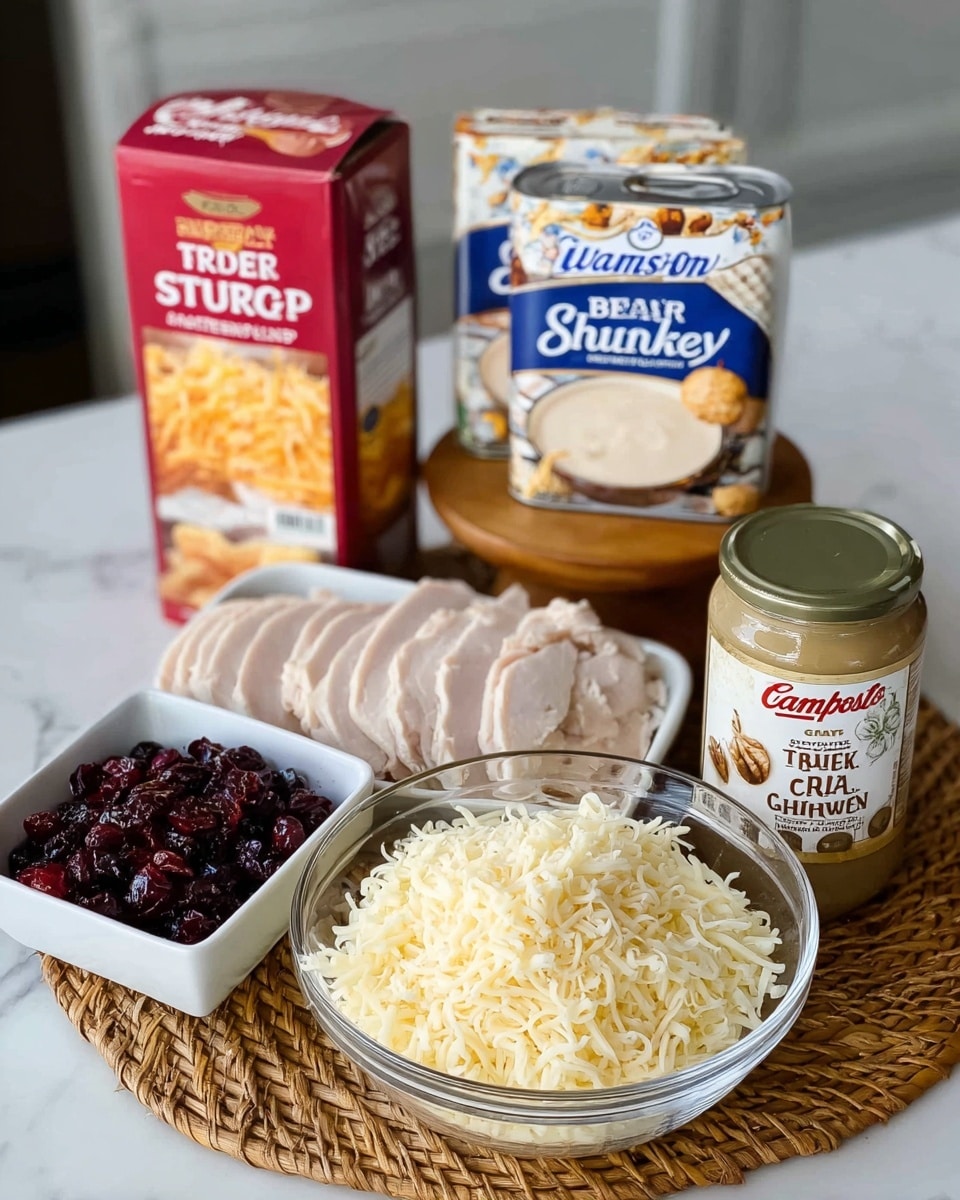 The image shows a food setup on a white marbled surface with a layer of woven mat beneath. There is a clear glass bowl filled with shredded cheese placed in the front center. To the left of the bowl, a white rectangular dish holds dried cranberries. Behind them, a red box of Stovetop stuffing mix stands upright. To the right of the cheese bowl, there is an unopened can of Campbell’s cream of chicken soup and a jar labeled Better Than Gravy, with golden gravy inside visible through the glass. Behind the jar is a carton of Swanson chicken stock in blue and white packaging. At the back, there is a white bowl placed on a small wooden stand, containing sliced turkey that is light brown with a pale inner texture. The setting is bright and neat, with all items clearly arranged. Photo taken with an iphone --ar 4:5 --v 7