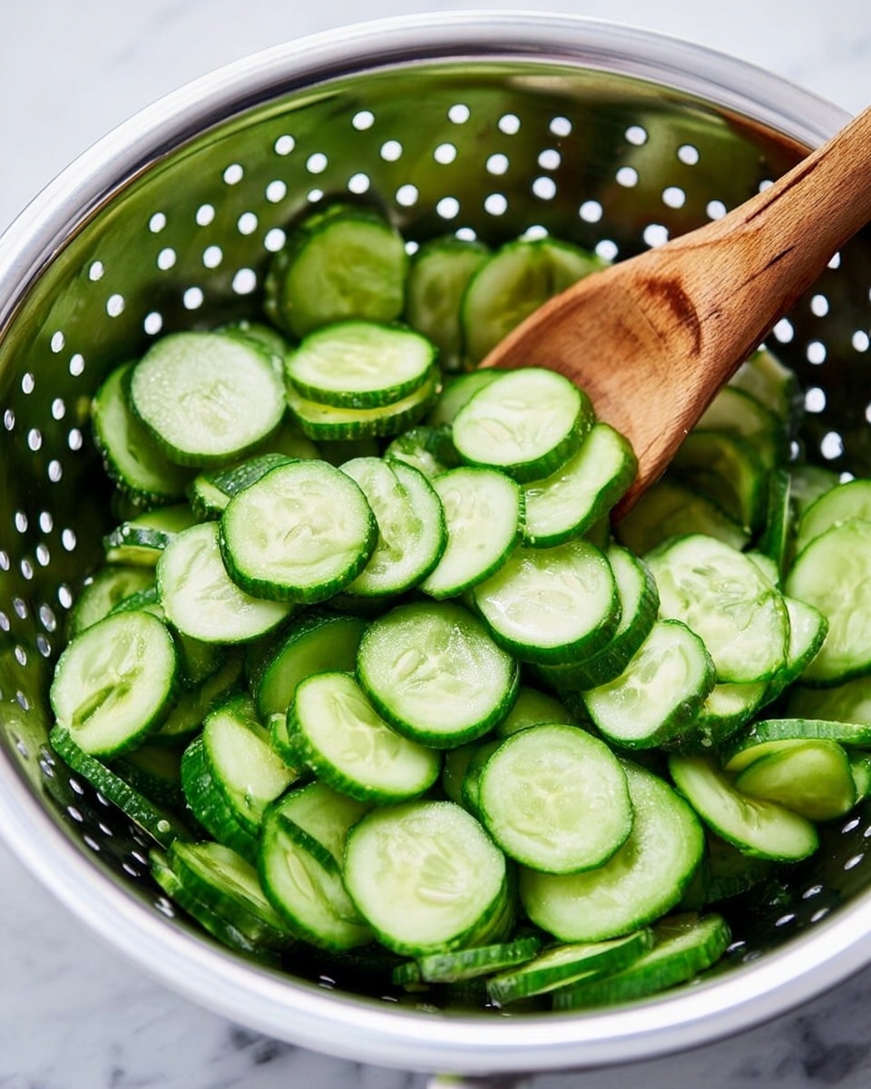 A close-up view of many thin cucumber slices inside a shiny metal colander with round holes. The cucumbers are mostly light green inside with darker green skin, showing a fresh, crisp texture. A wooden spoon with a slightly worn handle is resting in the colander on the right side, with the spoon part touching the cucumbers slightly. The background is a white marbled surface. Photo taken with an iphone --ar 4:5 --v 7