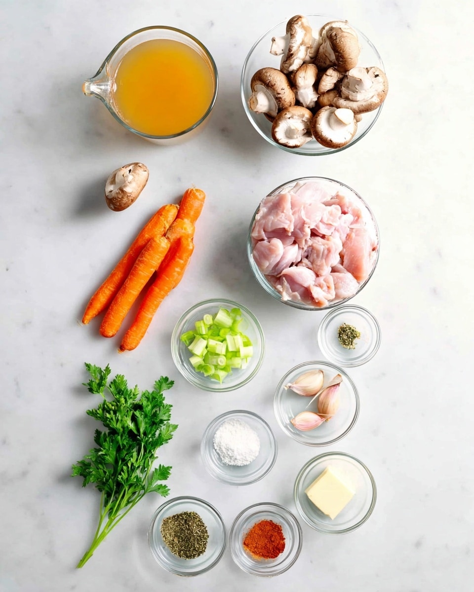 The image shows a clean setup of fresh ingredients neatly arranged on a white marbled surface. At the top left, there is a clear glass cup filled with orange-yellow broth. Next to it on the right, a glass cup holds whole brown mushrooms with white stems. Below these, there is a bunch of bright orange carrots on the left and a small bunch of fresh green parsley to the right. Toward the center right, a clear glass bowl contains raw pink chicken pieces. Below these main ingredients, small clear glass bowls hold various spices and ingredients: green celery slices, white flour, a chunk of pale yellow butter, three light brown garlic cloves, two small yellow onions, a small bowl of green dried herbs, a bowl of black pepper, and a bowl of red paprika powder. The items are spaced out evenly, creating a fresh and organized look. photo taken with an iphone --ar 4:5 --v 7