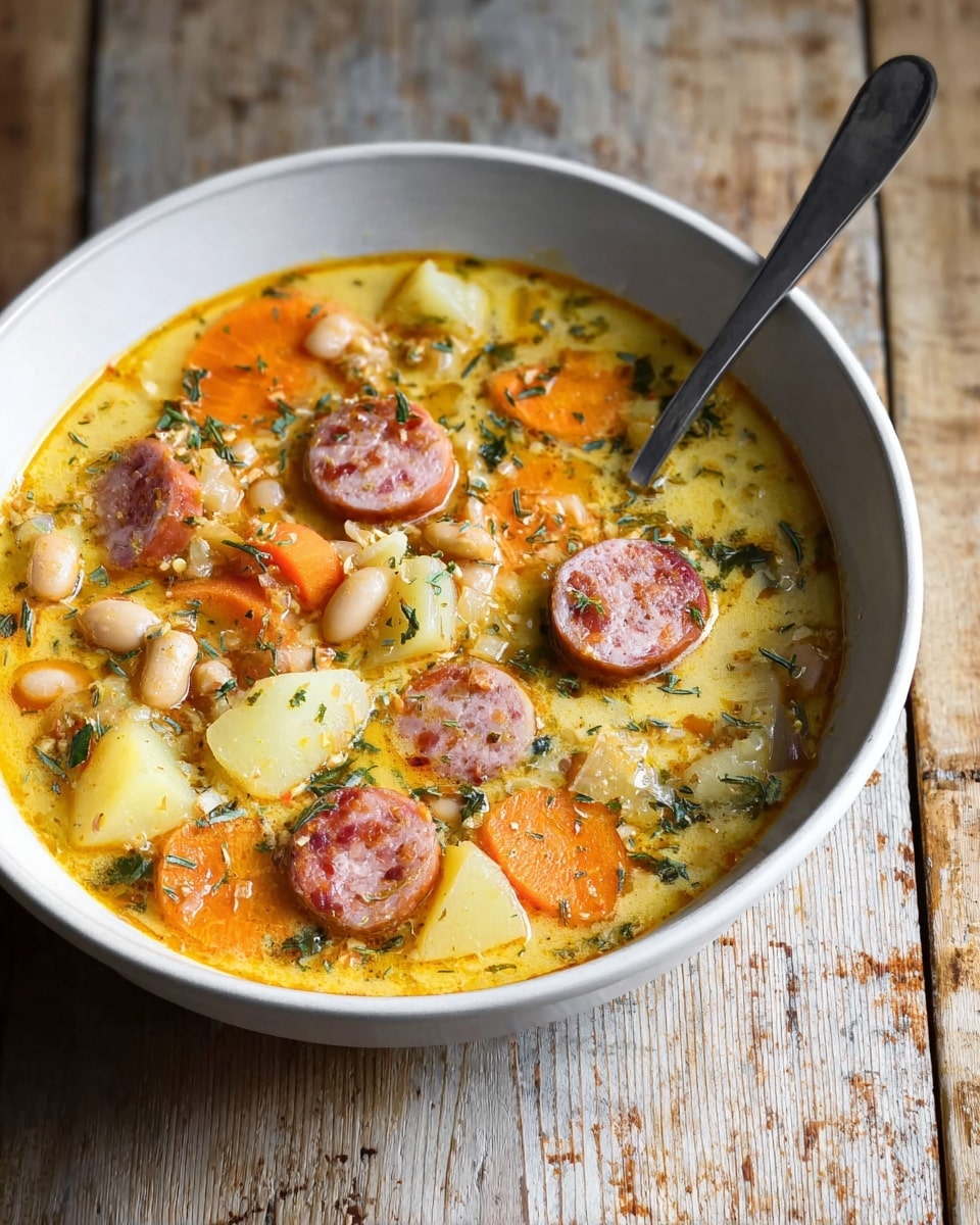 A white bowl filled with a creamy yellow soup with visible layers of ingredients including orange slices of carrot, white chunks of potato, round slices of sausage with a pink interior and browned edges, and small white beans. Green herb pieces are scattered throughout the soup, and a silver spoon is resting in the bowl on the right side. The bowl sits on a wooden surface with a natural grain and worn texture. photo taken with an iphone --ar 4:5 --v 7