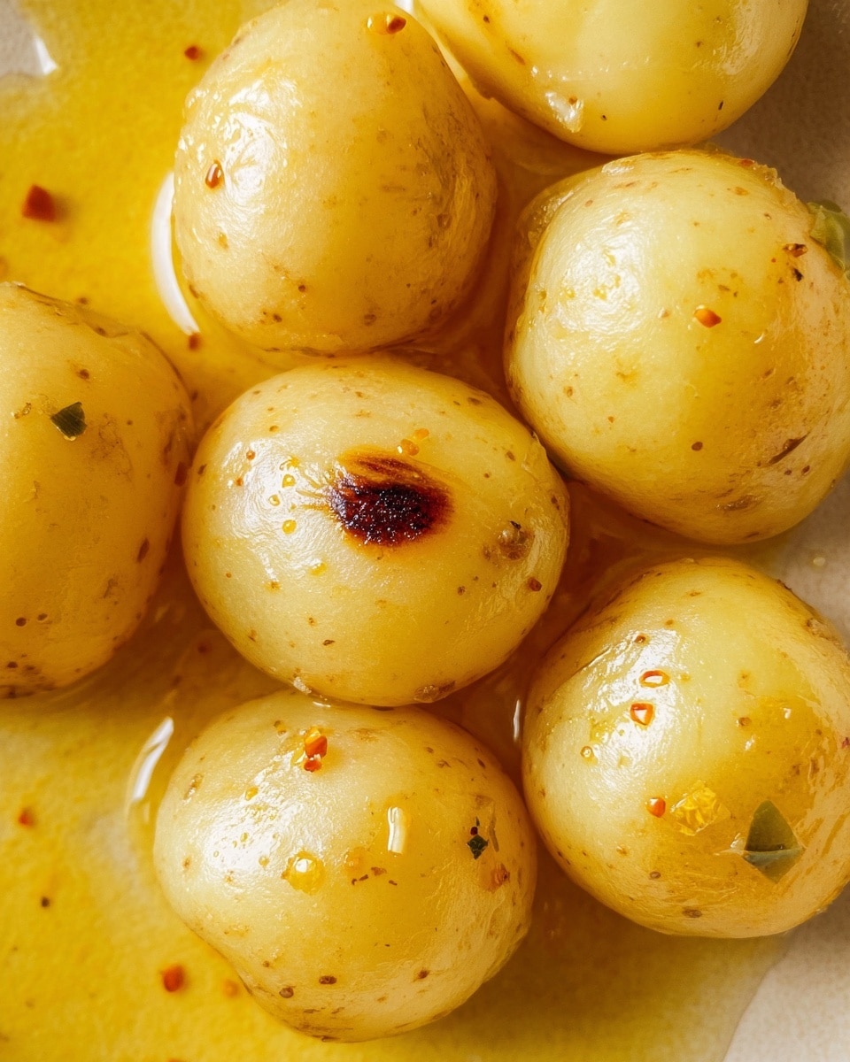 This image shows a close-up of several small, round, light yellow potatoes with smooth skin and small specks of seasoning. They appear soft with a slight shine from a thin layer of golden oil or butter covering and pooling beneath them. One potato near the center has a small dark brown and black mark, while the others have minor natural indentations or lines. The background has a warm yellow-orange hue from the oily liquid, all placed on a white marbled texture surface. photo taken with an iphone --ar 4:5 --v 7