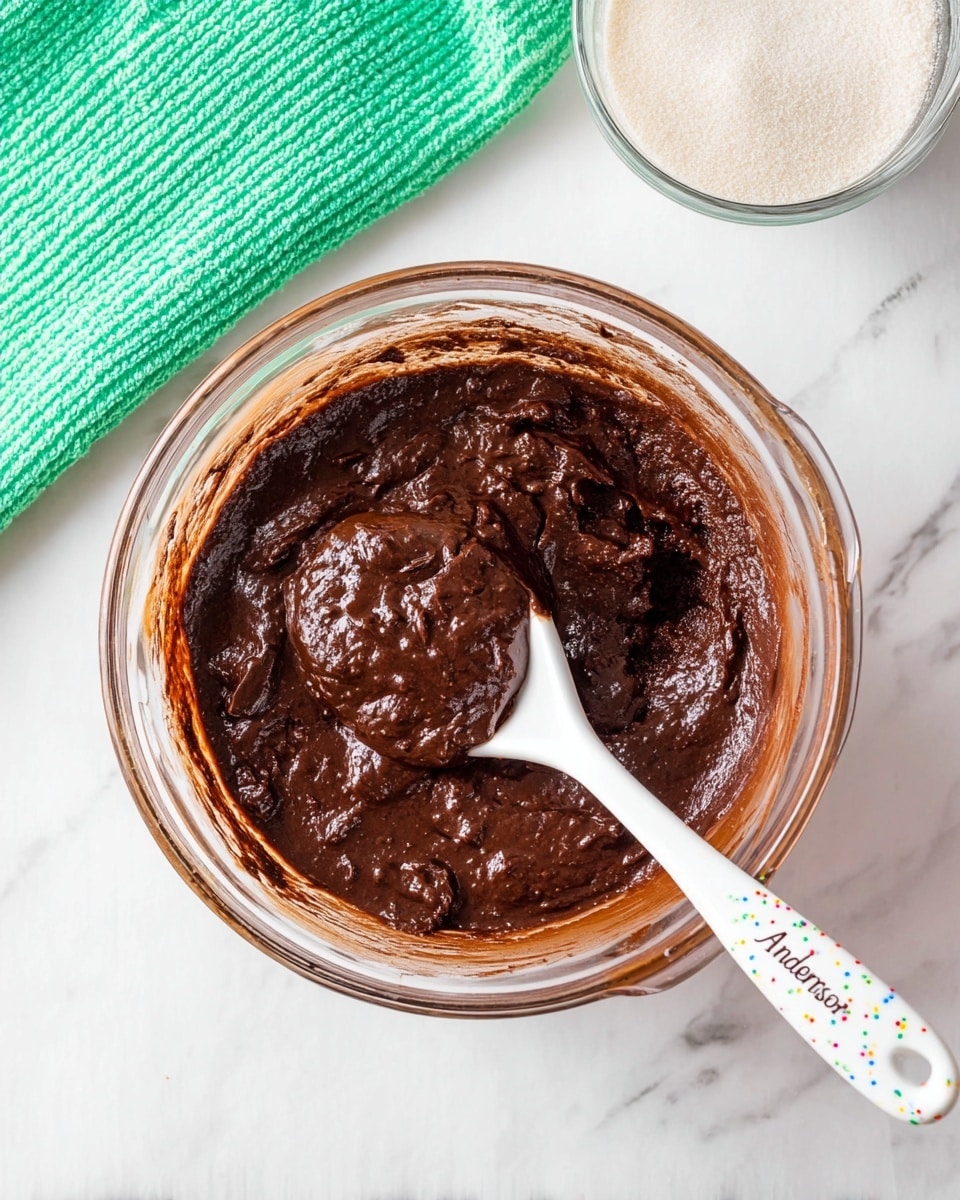 A clear glass bowl filled with one thick, dark brown, smooth chocolate batter with some lumps, sitting on a white marbled surface. A white spoon with colorful small dots and the word