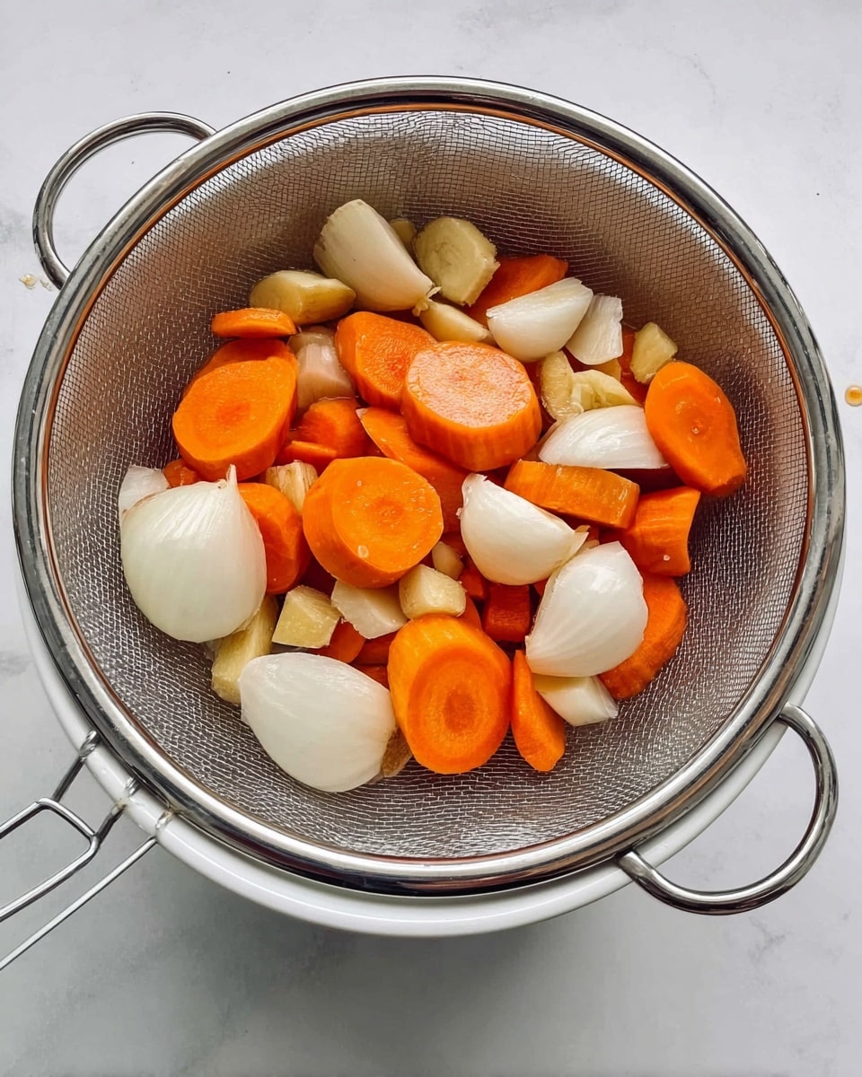 A white bowl is placed on a white marbled surface with a metal strainer above it, holding chopped vegetables. The strainer contains thick round orange carrot slices, large pieces of white onion with smooth texture, several whole peeled garlic cloves that are pale and smooth, and chunks of light brown ginger with rough skin. The vegetables are mixed but evenly spread across the strainer. photo taken with an iphone --ar 4:5 --v 7