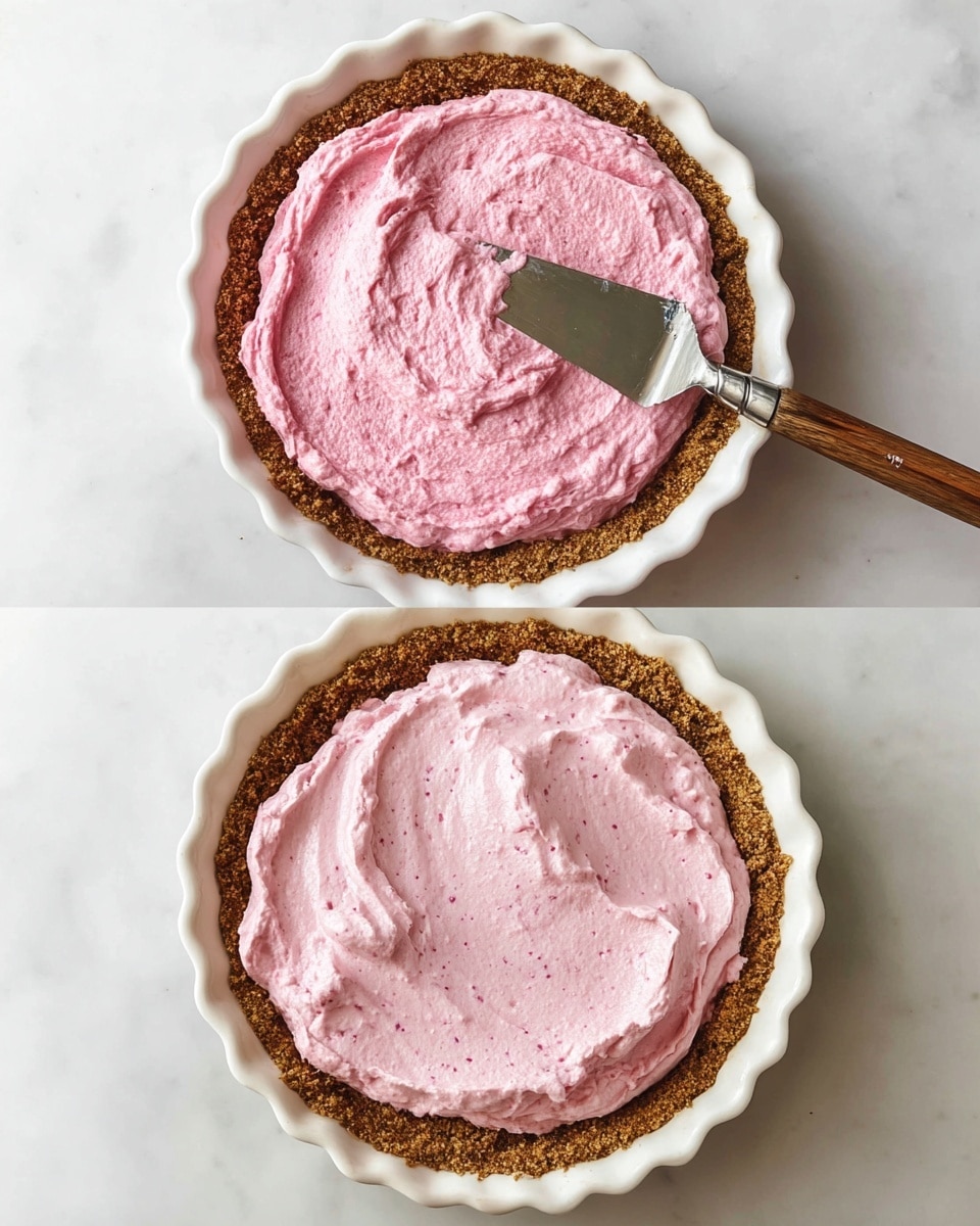 The images show a two-layer dessert in a white fluted dish. The bottom layer is a thick, crumbly, brown crust that lines the dish evenly. The second layer is a fluffy, light pink cream that is being spread evenly over the crust using a metal spatula with a wooden handle. The pink cream looks soft and smooth with visible specks, giving it texture. The surface is a white marbled texture, and the view is from above, showing the spreading process and then the finished smooth top layer of the pink cream. photo taken with an iphone --ar 4:5 --v 7