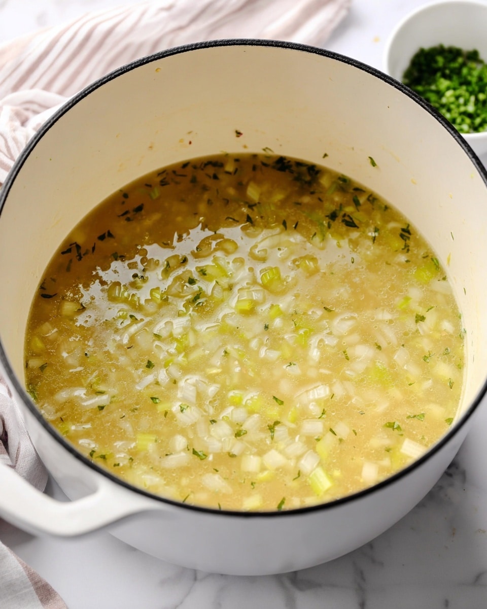 A white pot shown from the top filled halfway with a light yellow soup base containing small pieces of onions, herbs, and celery, all floating in a slightly thick broth. The pot is on a white marbled surface with a blurred striped cloth and a small white bowl of chopped green herbs in the background. The pot has a smooth texture inside and outside with a black rim around the top edge. Photo taken with an iphone --ar 4:5 --v 7