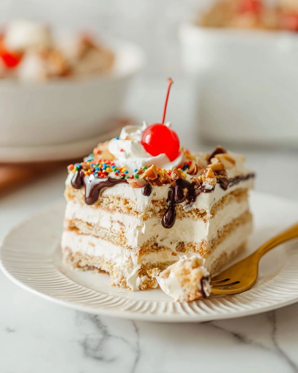 A slice of layered dessert on a white plate with ridged edges is shown. The dessert has three creamy white layers separated by light tan cookie or biscuit layers. The top is decorated with small pieces of nuts, colorful sprinkles, a dollop of white cream, a red cherry on top, and dark chocolate drizzle. A gold fork with a bite of the dessert is beside the slice on the plate. The background is a white marbled texture with a blurred white bowl holding more of the dessert. Photo taken with an iphone --ar 4:5 --v 7