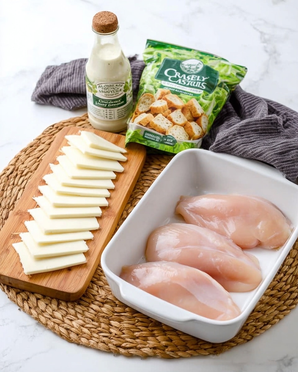 The image shows three raw pale pink chicken fillets neatly placed in a white rectangular baking dish on a woven mat atop a white marbled surface. Next to the dish is a wooden cutting board with evenly spaced slices of white cheese arranged in a line. Behind these, there is a green and white bag of Caesar salad croutons standing upright and a bottle of creamy Caesar dressing with a green and white label. A folded dark gray cloth is partly visible behind the baking dish. The overall setup is clean and well-organized, with a bright and fresh appearance photo taken with an iphone --ar 4:5 --v 7