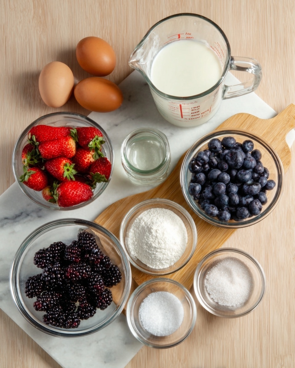 The image shows several clear glass containers and bowls arranged neatly on a white marbled surface. There are two brown eggs, a large glass measuring cup filled with milk, a small jar of clear liquid, a small bowl of white sugar, a smaller bowl of a white powder, a larger bowl containing fresh blueberries, strawberries, and blackberries, and two small glass bowls with white substance and salt, all placed around a light wooden cutting board. The colors are soft and natural, mostly white, red, blue, and black, creating a fresh and clean look. Photo taken with an iphone --ar 4:5 --v 7