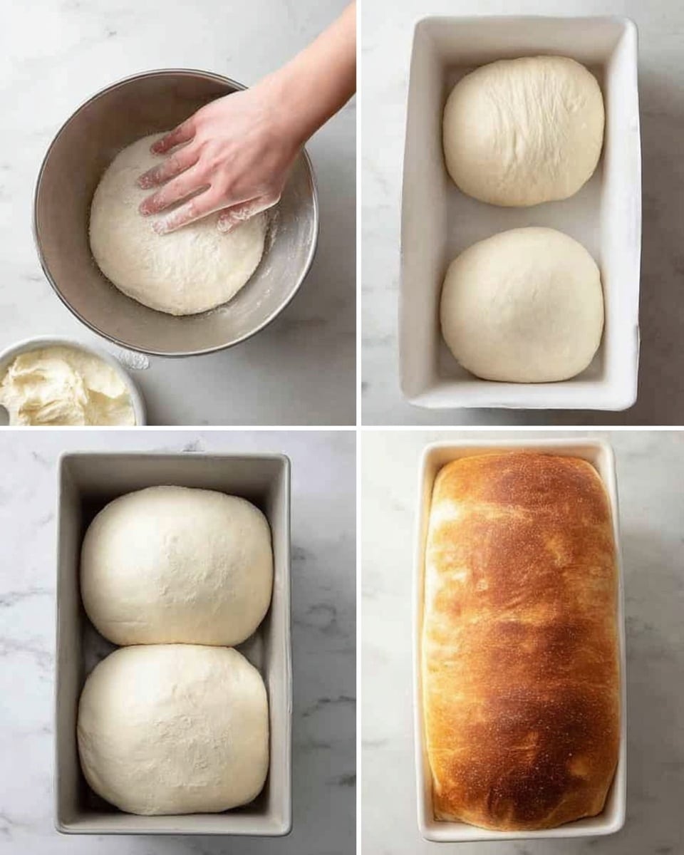 This image shows six stages of making bread dough. The first stage has a woman's hand pressing into soft, pale dough inside a round silver bowl. The second stage shows two round balls of smooth, white dough resting side by side on a white marble surface. The third stage places one piece of dough in a tall, white rectangular baking pan, smooth and rounded at the top. Next, the dough has risen, filling the pan and looking puffier and smoother. The fifth stage shows the dough baked, golden brown on top, still in the white pan. The last stage has the bread fully baked, with a rich golden crust, sitting firmly in the white pan. Photo taken with an iphone --ar 4:5 --v 7