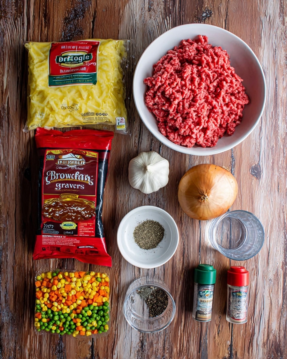 The image shows a collection of cooking ingredients neatly arranged on a wood surface with a white marbled texture. In the center right, there is a white bowl filled with raw ground meat, colored bright red with a textured, tightly packed surface. To the left of the bowl is a red and yellow packet of mashed potatoes showing an image of creamy yellow mashed potatoes on the front. Below it, there is a red and black packet labeled brown gravy with an image of dark brown gravy pouring over food. In front of the packets, there is a small white bowl filled with coarse black pepper and a clear glass of water. Near the center, a whole garlic bulb and a large light brown onion sit side by side, adding natural white and beige tones. To the right, there are small spice containers with red lids and a small green seasoning bottle. Below them, a whole packet of colorful mixed vegetables is visible, showing bright orange, green, and yellow pieces including carrots, green beans, corn, and peas. The organized setup highlights the varied colors and textures of the cooking ingredients. photo taken with an iphone --ar 4:5 --v 7