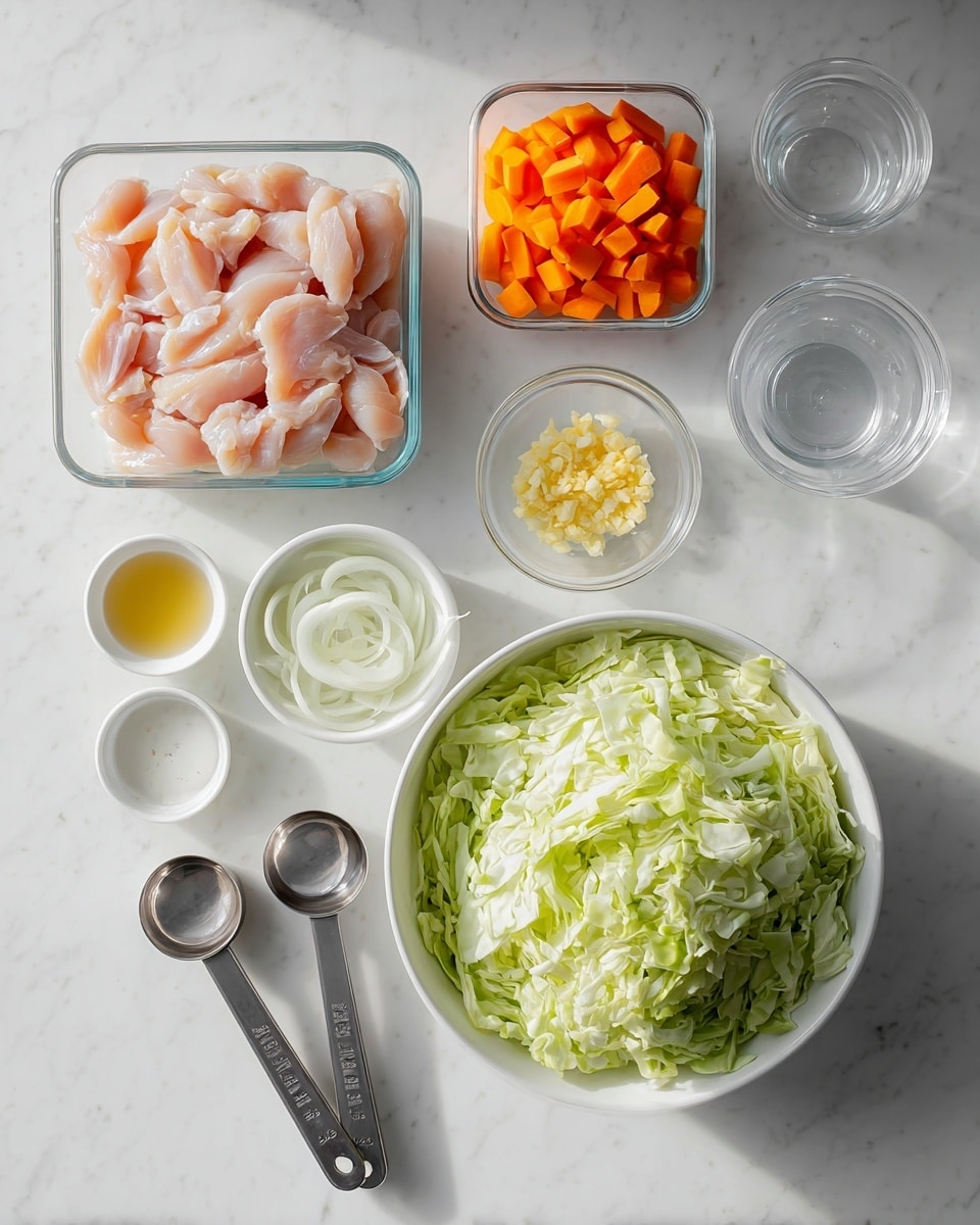 The image shows eight cooking ingredients laid out on a white marbled surface. In the center right is a large white bowl filled with light green shredded cabbage, full and fluffy. To the left of it is a square clear glass container holding sliced pale pink raw chicken, neatly layered. Above the chicken is a smaller square clear glass container filled with small, bright orange diced carrots. To the right of the chicken and below the cabbage are three small white bowls, the center one holding thin white onion slices, the bottom and top ones empty. Near the bowls are two metal measuring spoons side by side, labeled 1 tablespoon and 1 teaspoon. Above the onion bowl is a tiny white bowl with minced light yellow garlic. At the top right are two clear glass measuring cups, one smaller and one larger, both empty. The whole scene is bright with natural light coming from the bottom left. photo taken with an iphone --ar 4:5 --v 7