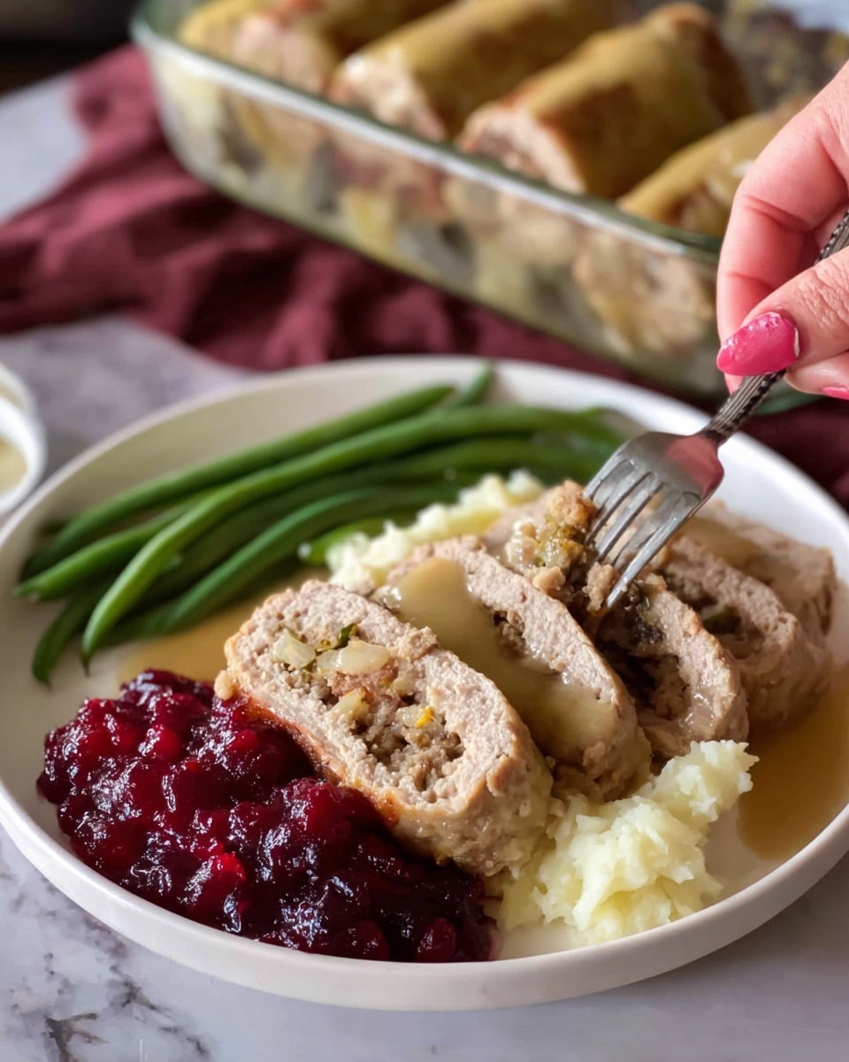 A white plate holds a meal with four slices of light brown rolled meatloaf with a visible crumbly texture and bits of darker ingredients inside, arranged in a line on top of a bed of creamy mashed potatoes coated partially with a smooth, light golden gravy. To one side, there is a bright red, chunky cranberry sauce, and on the other side, a neat stack of shiny, vibrant green beans. A woman's hand holding a fork is about to take a bite from the cranberry sauce. In the background, a glass baking dish filled with more rolled meatloaf sits on a white marbled surface. photo taken with an iphone --ar 4:5 --v 7