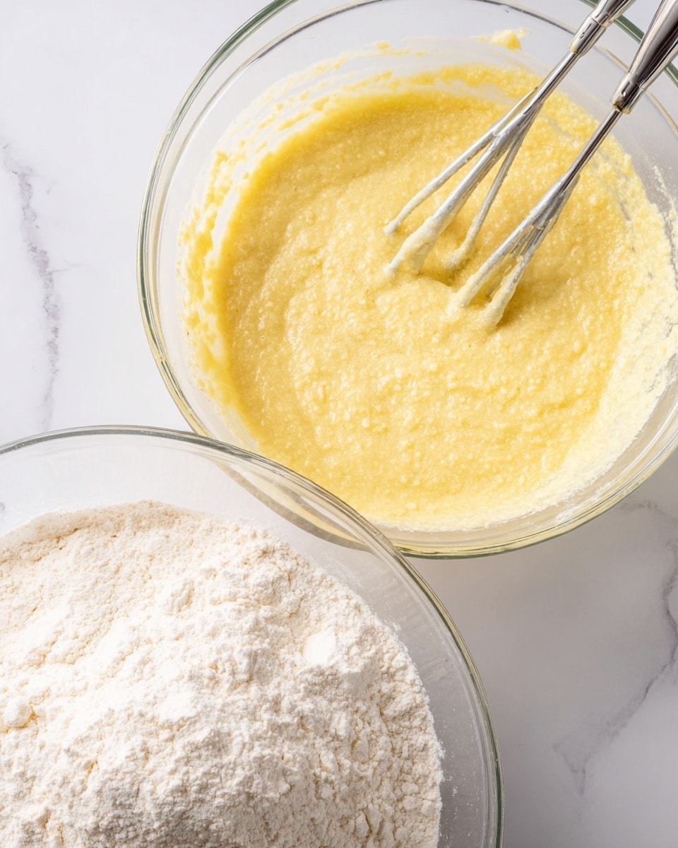 A large clear glass bowl sits on a white marbled surface filled halfway with fluffy, pale yellow batter that has a smooth, creamy texture with some light air bubbles on top. Two silver beaters are partially submerged in the batter, resting at a slight angle inside the bowl. To the right, a second clear glass bowl is tilted toward the first bowl, holding a heap of fine, white flour with a soft, powdery texture. The contrast between the pale yellow batter and the white flour is clear, with the white marbled surface underneath adding a clean look. Photo taken with an iphone --ar 4:5 --v 7