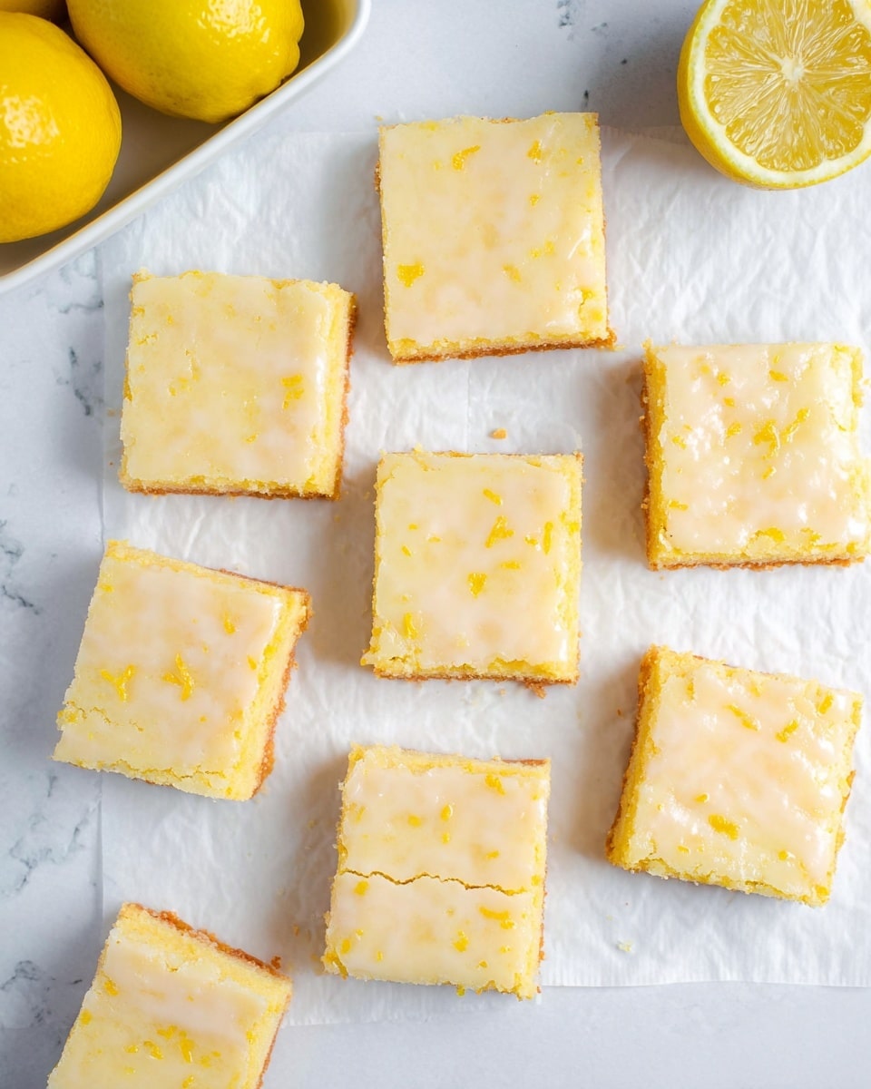 Nine square lemon bars are arranged on white parchment paper over a white marbled surface. Each bar has two layers: a pale yellow base with a soft, crumbly texture, and a light, glossy icing on top with small bits of lemon zest visible throughout. The edges of the bars are clean with slight cracks on the icing. In the top left corner, three whole lemons rest in a white rectangular dish, and on the upper right, a half lemon shows its juicy, bright yellow inside. The image has soft, even lighting that highlights the texture and freshness of the lemon bars. Photo taken with an iphone --ar 4:5 --v 7