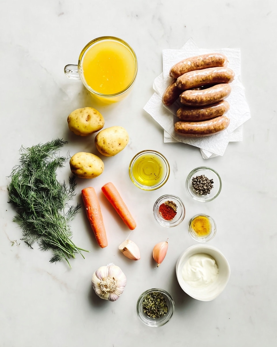 A white marbled surface holds an arrangement of raw ingredients for cooking: at the top right is a glass cup filled with yellow broth; below it, brown sausages rest stacked on white paper; near the center left, a small bunch of fresh green dill lies beside halved small yellow potatoes; two whole orange carrots are placed near the bottom left; a small yellow onion and three garlic cloves sit nearby; small glass bowls containing black pepper, red powder, green herbs, and yellow oil are scattered along the bottom; a small white bowl with white cream completes the scene. photo taken with an iphone --ar 4:5 --v 7