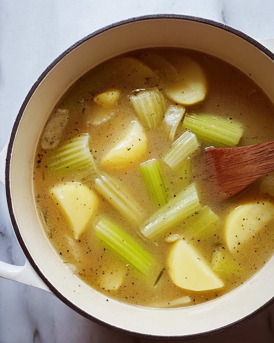A round white pot filled with light brown broth, with a few chunks of pale yellow potatoes floating on top along with long pieces of light green celery stalks. The broth has small black pepper specks scattered throughout, and a wooden spoon is partially visible stirring the soup from the upper right side. The pot sits on a white marbled surface. photo taken with an iphone --ar 4:5 --v 7