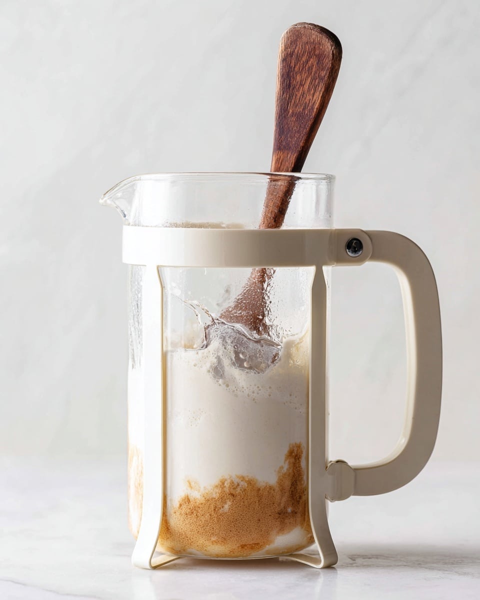 A clear glass French press with a white frame and handle is shown filled about halfway with a thick white liquid that has a foamy texture on top and some brown powder settled at the bottom. Inside the French press, a dark wooden spoon stands upright, partially submerged in the liquid with some splashes on it. The scene is set against a white marbled surface and background, giving a clean and bright look. photo taken with an iphone --ar 4:5 --v 7