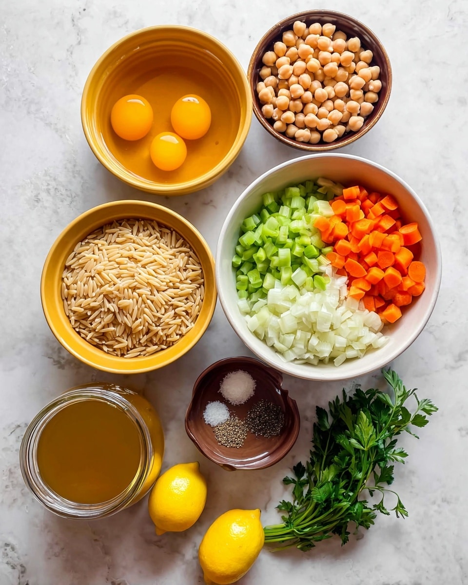 Several bowls and a jar are arranged on a white marbled surface. The largest bowl is white and filled with three layers of chopped vegetables: bright orange carrots on the top right, light green celery on the top left, and white onions at the bottom. Above this, there is a yellow bowl containing light brown round chickpeas. To the left of the chickpeas, a yellow bowl holds three cracked eggs with orange yolks and translucent whites. Below the eggs, a small brown bowl contains long, pale yellow orzo pasta. To the left of the orzo, a very small dark brown bowl has chopped white garlic. Below the garlic, a small brown bowl has three layers of spices: green, white, and black. A bunch of fresh green herbs sit beside the spice bowl on the marbled surface. Two yellow lemons are placed next to the chickpea bowl. At the bottom left, there is a glass jar filled with golden broth. photo taken with an iphone --ar 4:5 --v 7