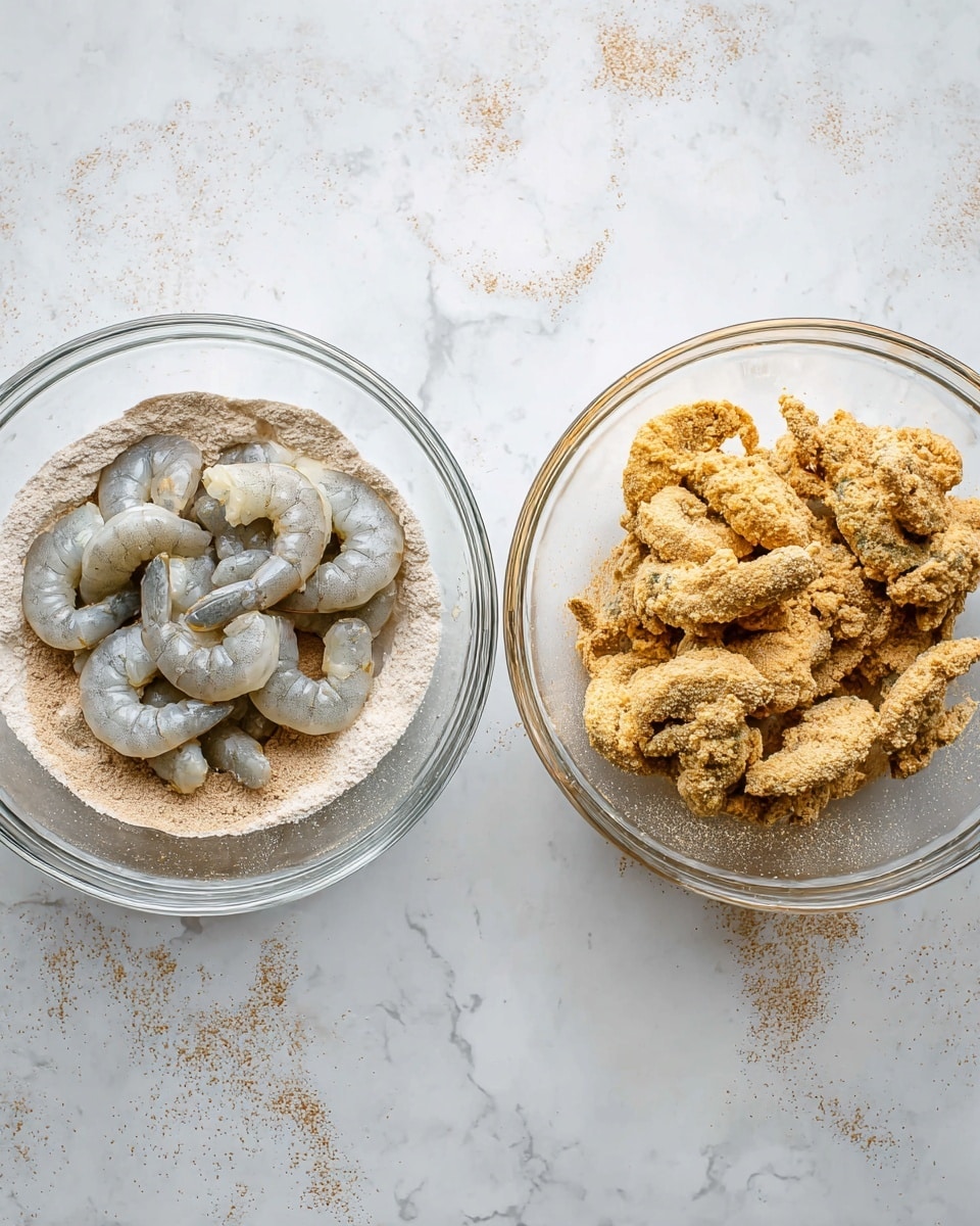 The image shows two clear glass bowls on a white marbled surface. The bowl on the left has raw gray shrimp placed in a single layer over a base of light brown spice powder. The bowl on the right contains shrimp coated with a thick, uneven layer of light brown batter mix, stacked loosely. Both bowls are viewed from above, emphasizing the texture differences between the smooth raw shrimp and the rough batter-coated shrimp. Photo taken with an iphone --ar 4:5 --v 7