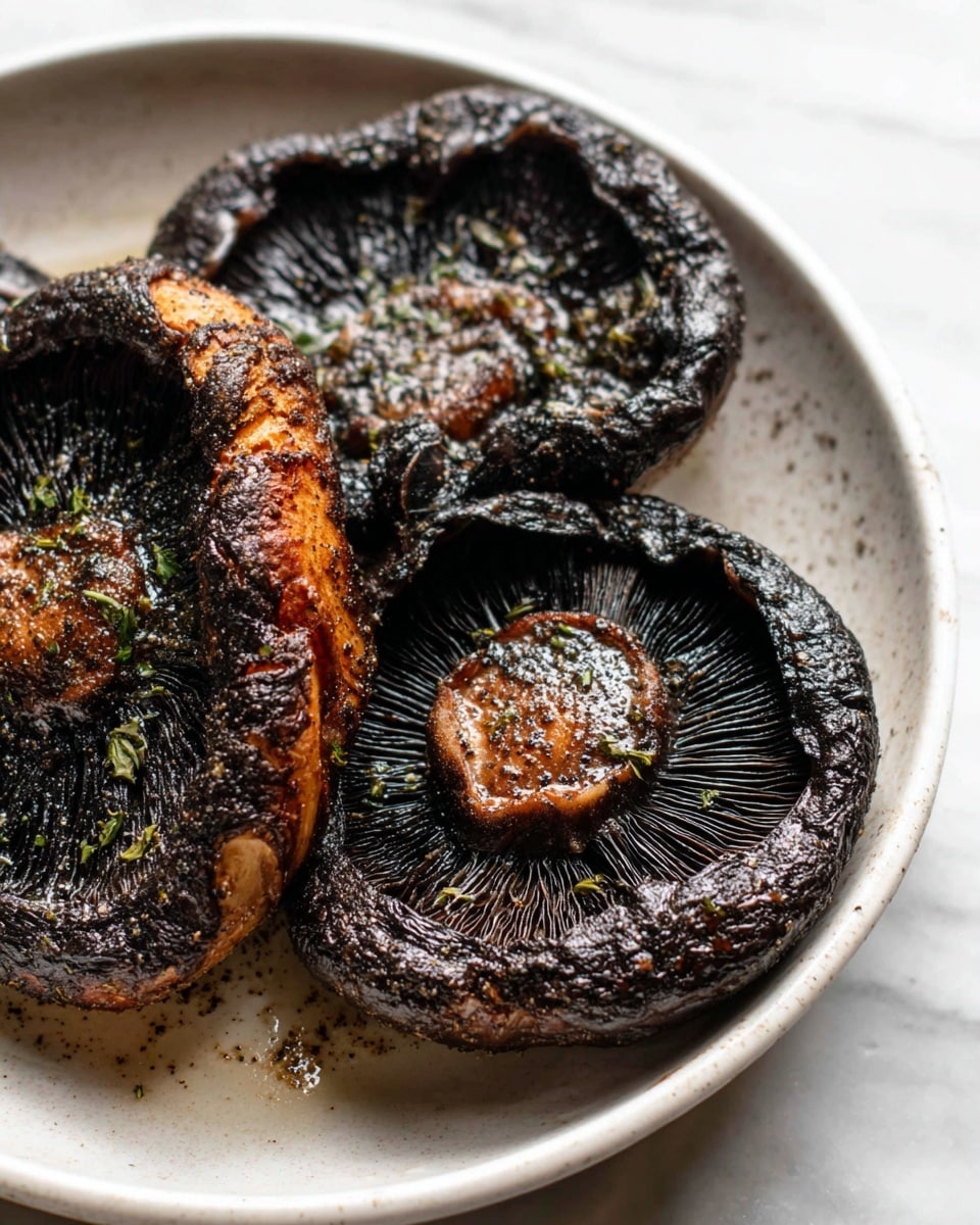 The image shows three large cooked mushroom caps placed closely together in a shallow white bowl. The mushrooms have a dark, shiny, and slightly oily surface with visible seasoning sprinkled on top, including small bits of herbs. The texture appears wrinkled and tender, with the gills of the mushrooms clearly visible and highlighted by the light. The edges of the mushrooms are browned and slightly curled, adding depth. The bowl is set on a white marbled surface. photo taken with an iphone --ar 4:5 --v 7
