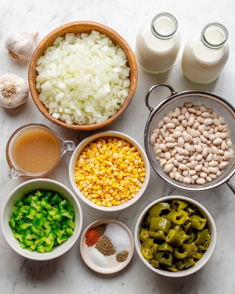 The image shows various ingredients for cooking, arranged neatly on a white marbled surface. There is a large round wooden bowl filled with chopped white onions in the center. To the right, a metal colander holds white beans, and next to it are two small glass bottles filled with white liquid, likely milk or cream. On the left side, a small glass measuring cup contains a light brown liquid, probably broth. Around these main items are smaller white bowls: one bowl has chopped green bell peppers, another has yellow corn kernels, a third contains chopped green chilies or peppers, and a small plate holds ground spices and salt. A garlic bulb is placed near the top left corner. The arrangement looks clean and ready for cooking. photo taken with an iphone --ar 4:5 --v 7
