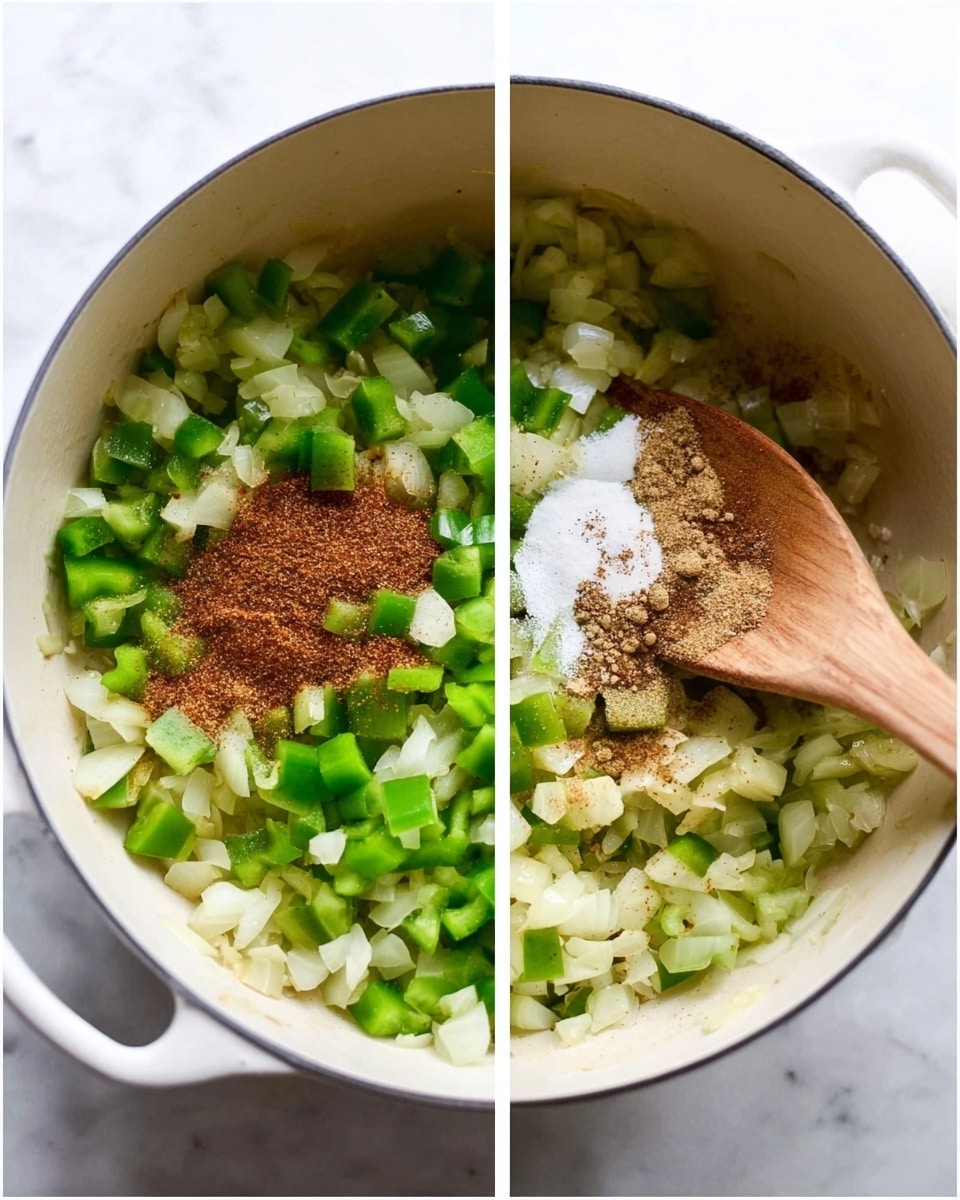The image shows a white pot with a cooking mixture inside. The base layer consists of chopped onions and green bell peppers, light in color with soft textures, filling the pot. A wooden spoon rests on top of the vegetables on the right side of the pot. In the second part of the image, a small heap of brown spices and white salt is added on top of the vegetables, creating a contrast against the green and white mix below. The pot sits on a white marbled surface. Photo taken with an iphone --ar 4:5 --v 7
